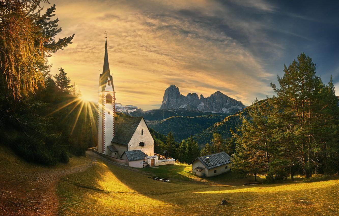 Wallpaper trees, sunset, mountains, Italy, Church, Italy