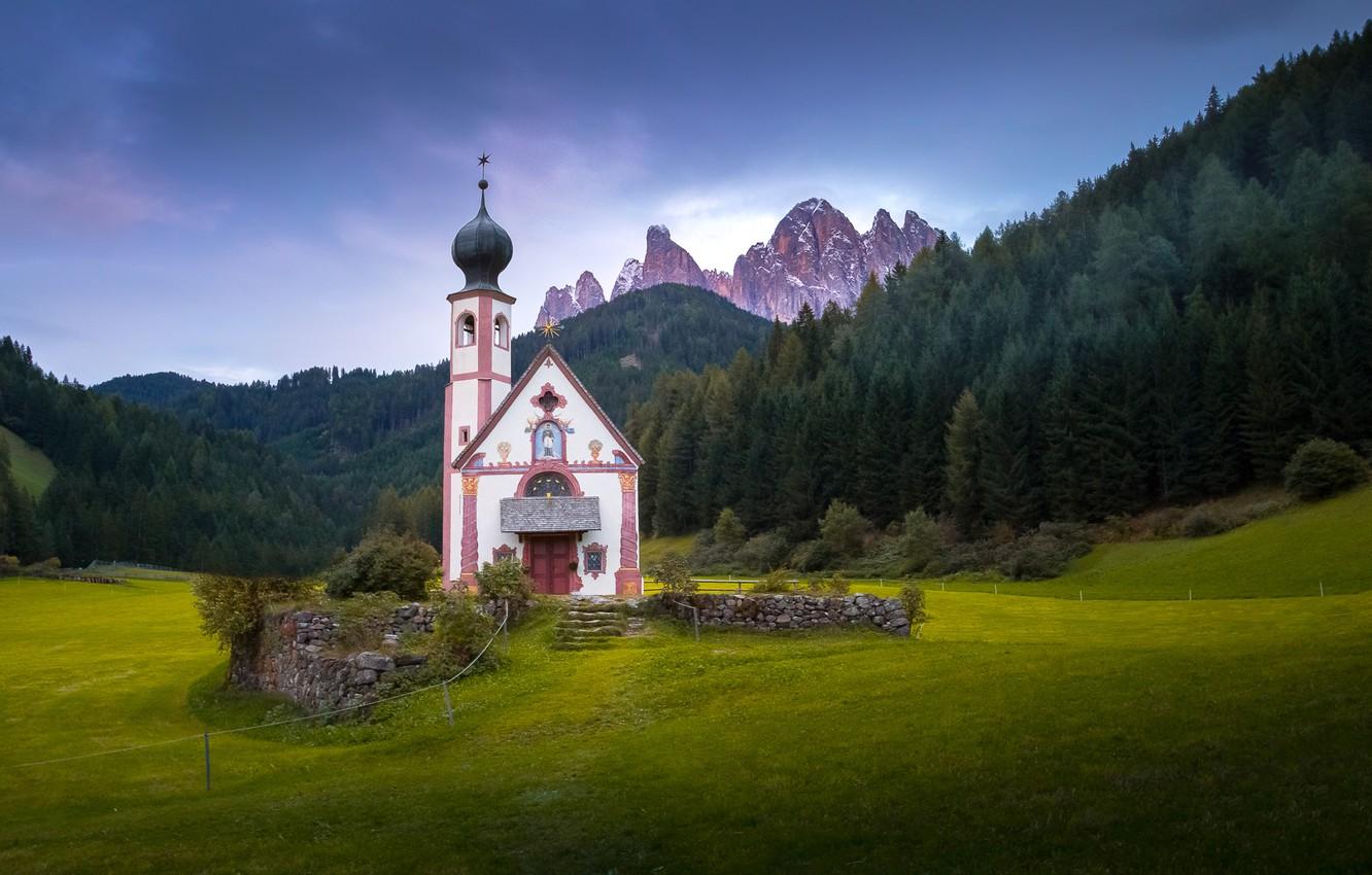 Wallpaper forest, mountains, valley, Italy, Church, chapel, Italy
