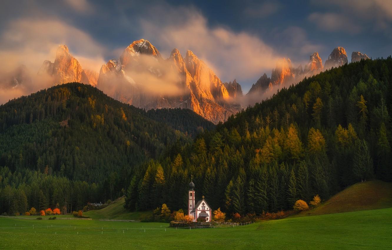 Wallpaper forest, nature, meadow, Italy, Church, The Dolomites