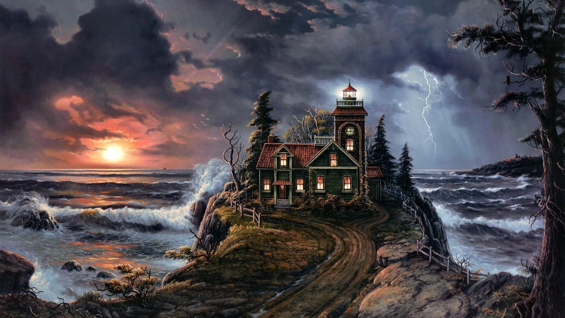 Stormy Lighthouse Oil Painting wallpaper