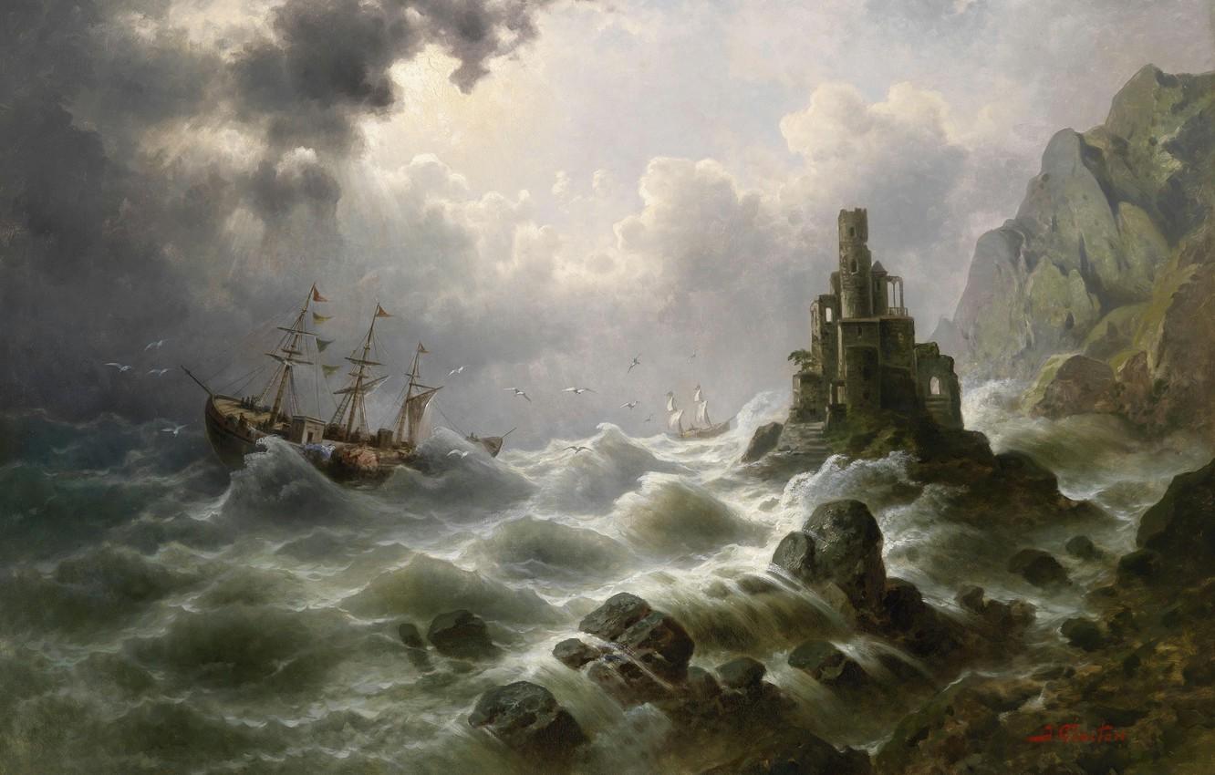 Wallpaper picture, painting, painting, Stormy Sea with Lighthouse