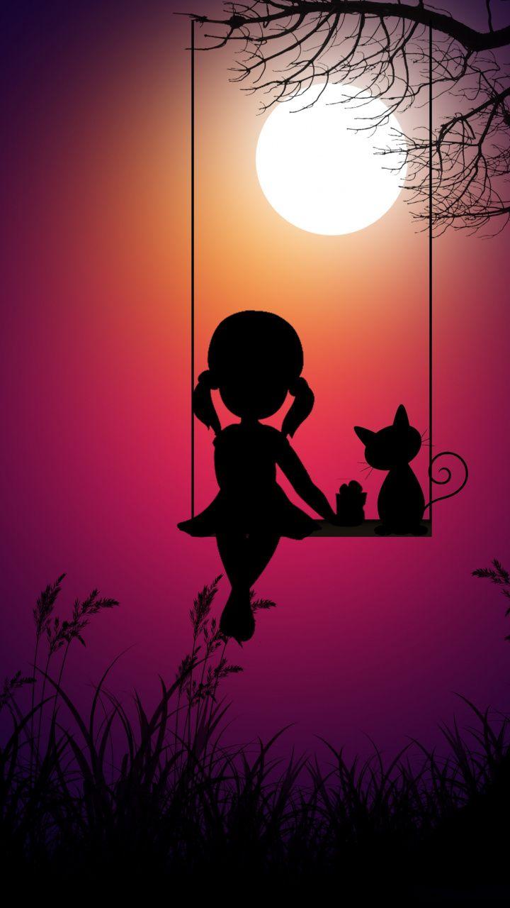Kid girl and cat, swing, moon light, digital art, 720x1280