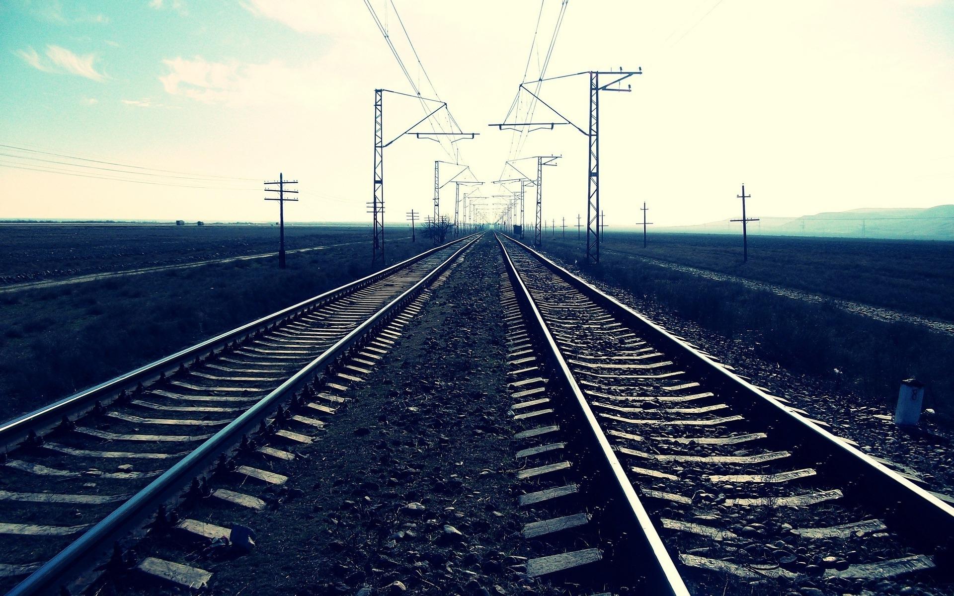 horizon, railroad tracks, power lines, perspective, railway