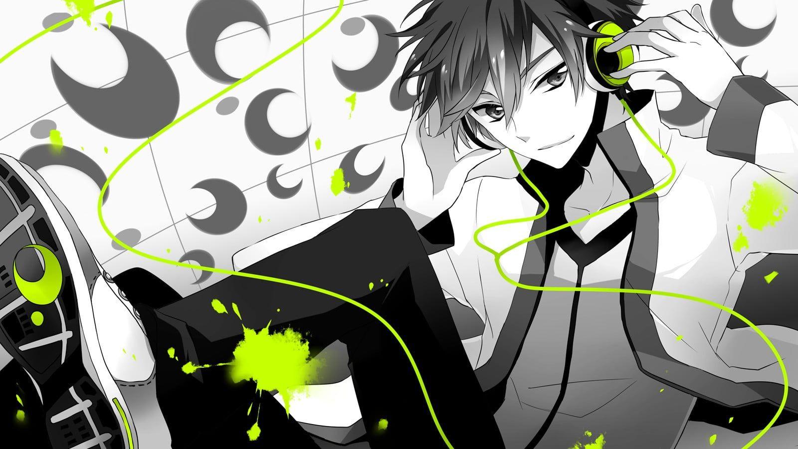 boy with green corded headphone anime character illustration