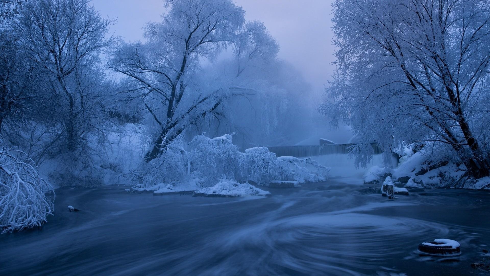 Download 1920x1080 Snow, Foggy, Dawn, Winter, Waterfall, Stream, Frost Wallpapers for Widescreen