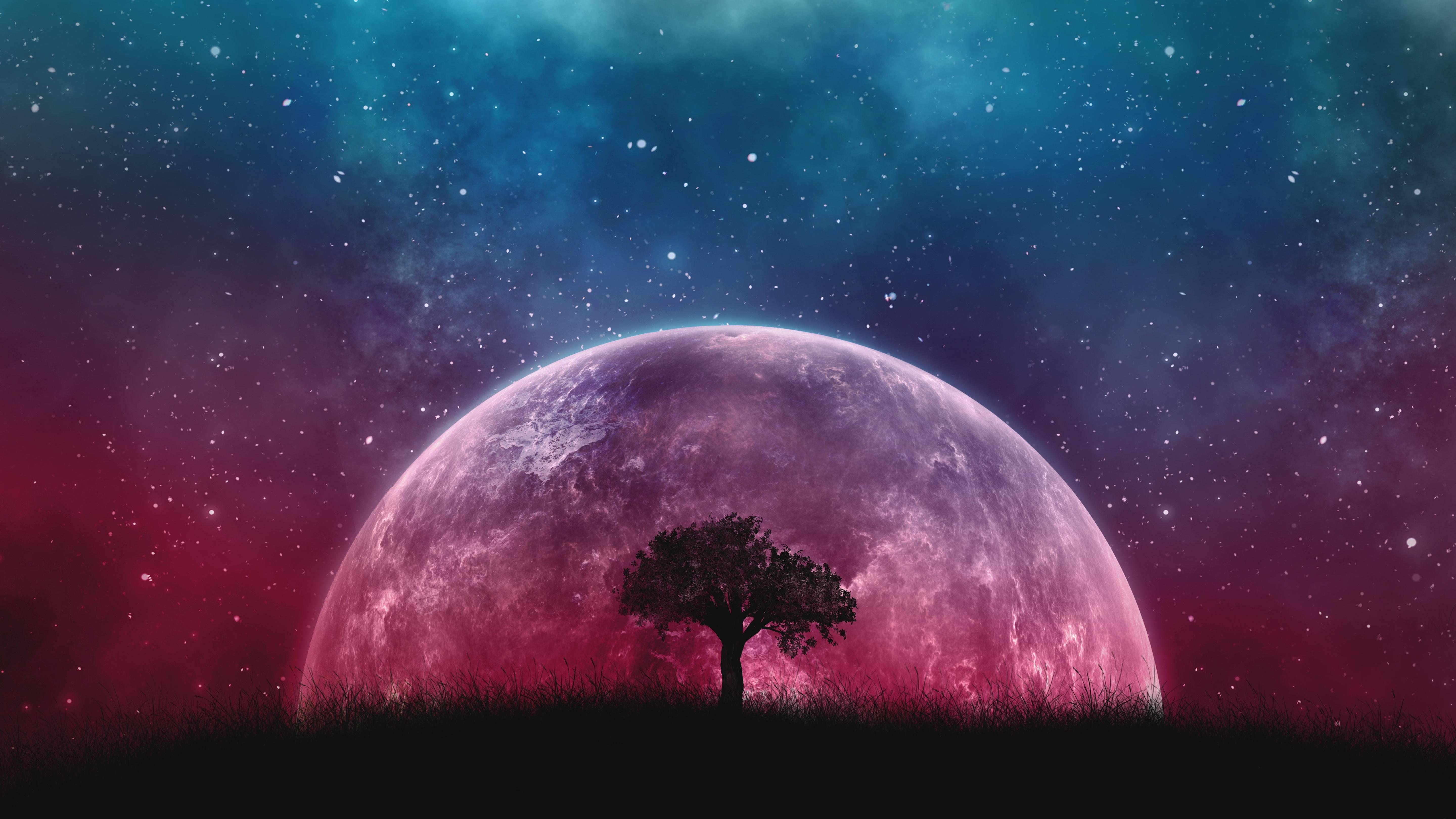 Download wallpaper 5760x3240 tree, planet, stars, galaxy, art HD