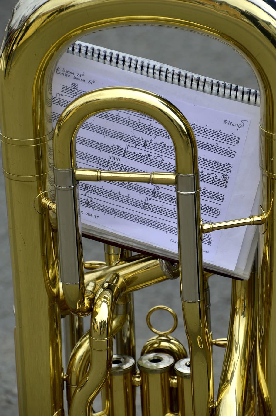 HD wallpaper: brass, gold, music, tuba, partition, jazz, orchestra