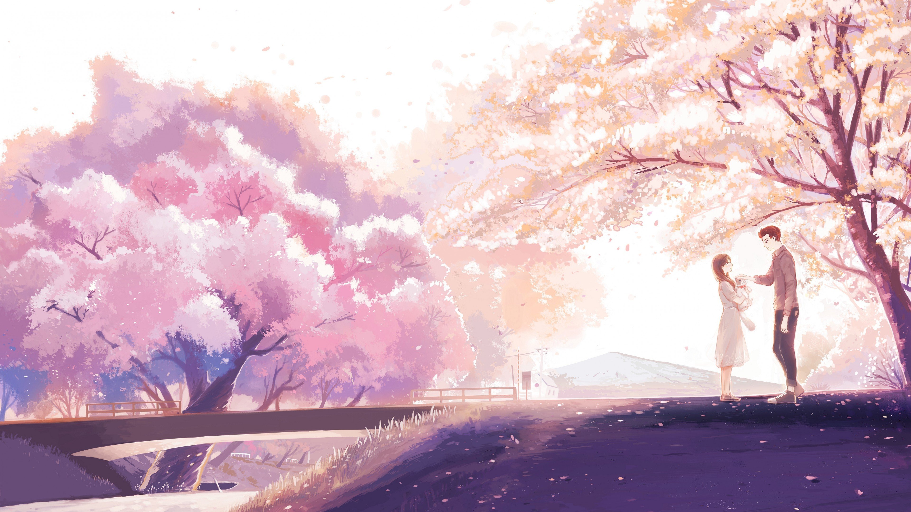 Download 3840x2160 Anime Couple, Scenic, Romance, Sakura Blossom