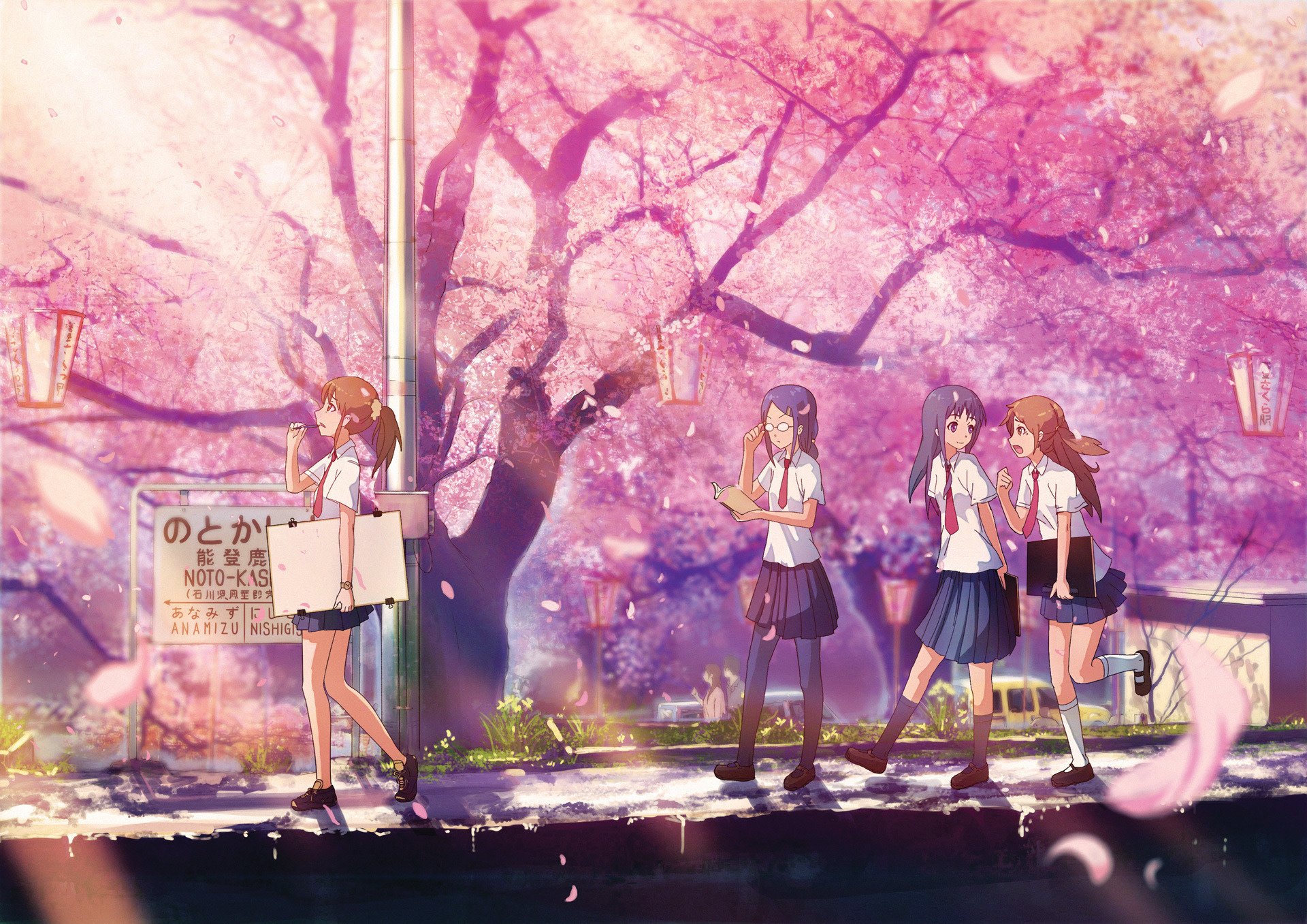 Wallpaper Cherry blossom, sakura, tree, schoolgirl, petals, japan