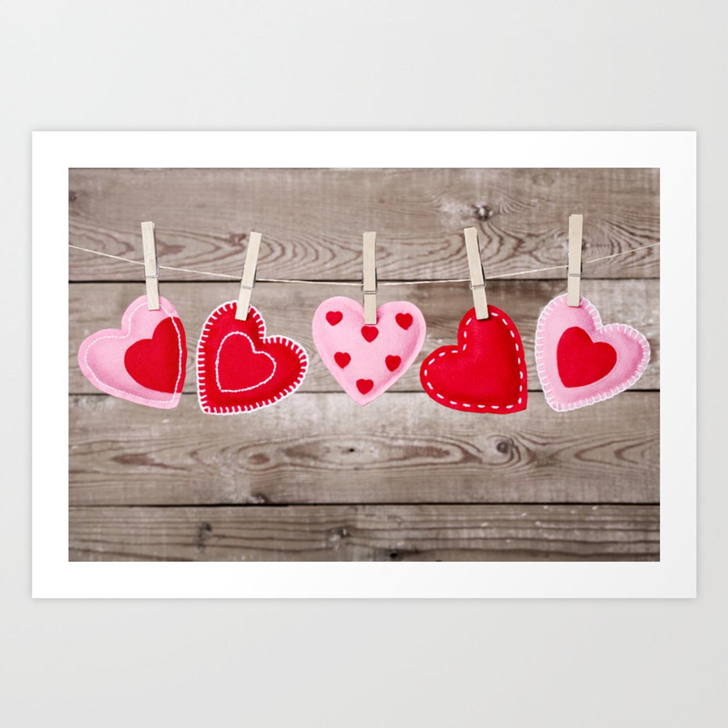 II with Valentine's Day hearts decorations on a rustic background Art Print