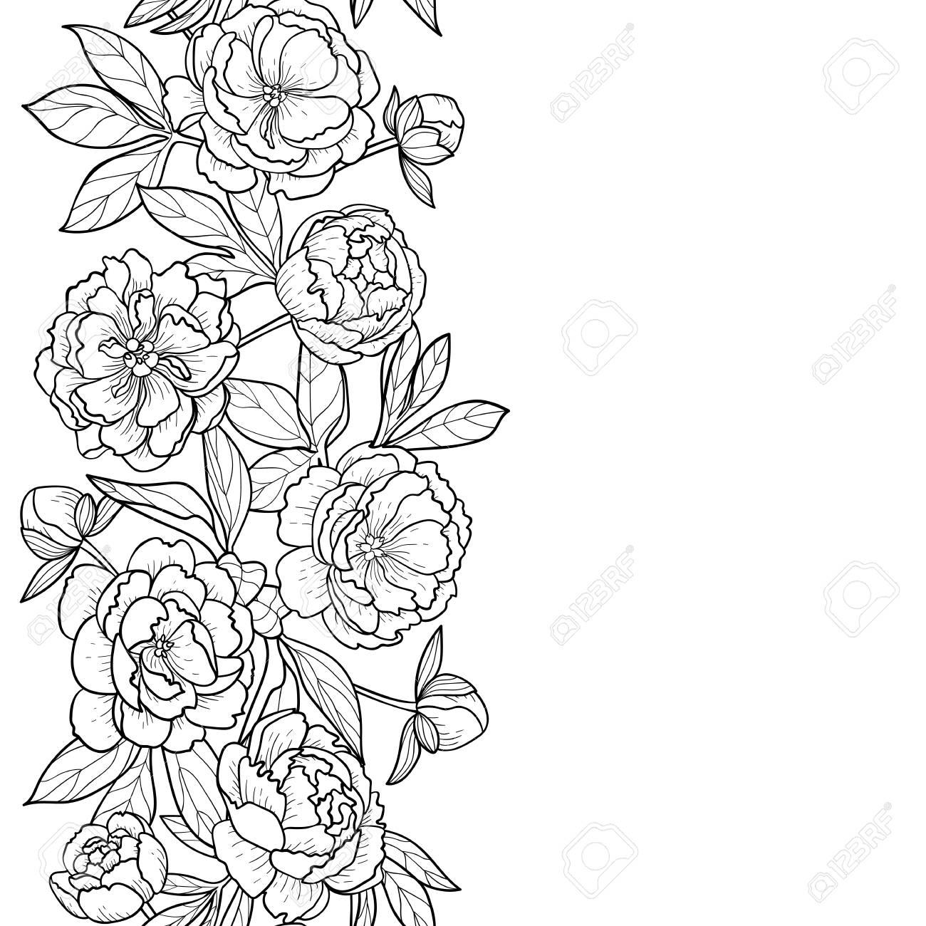 Peony Flowers And Leaves Seamless Vertical Border. Floral