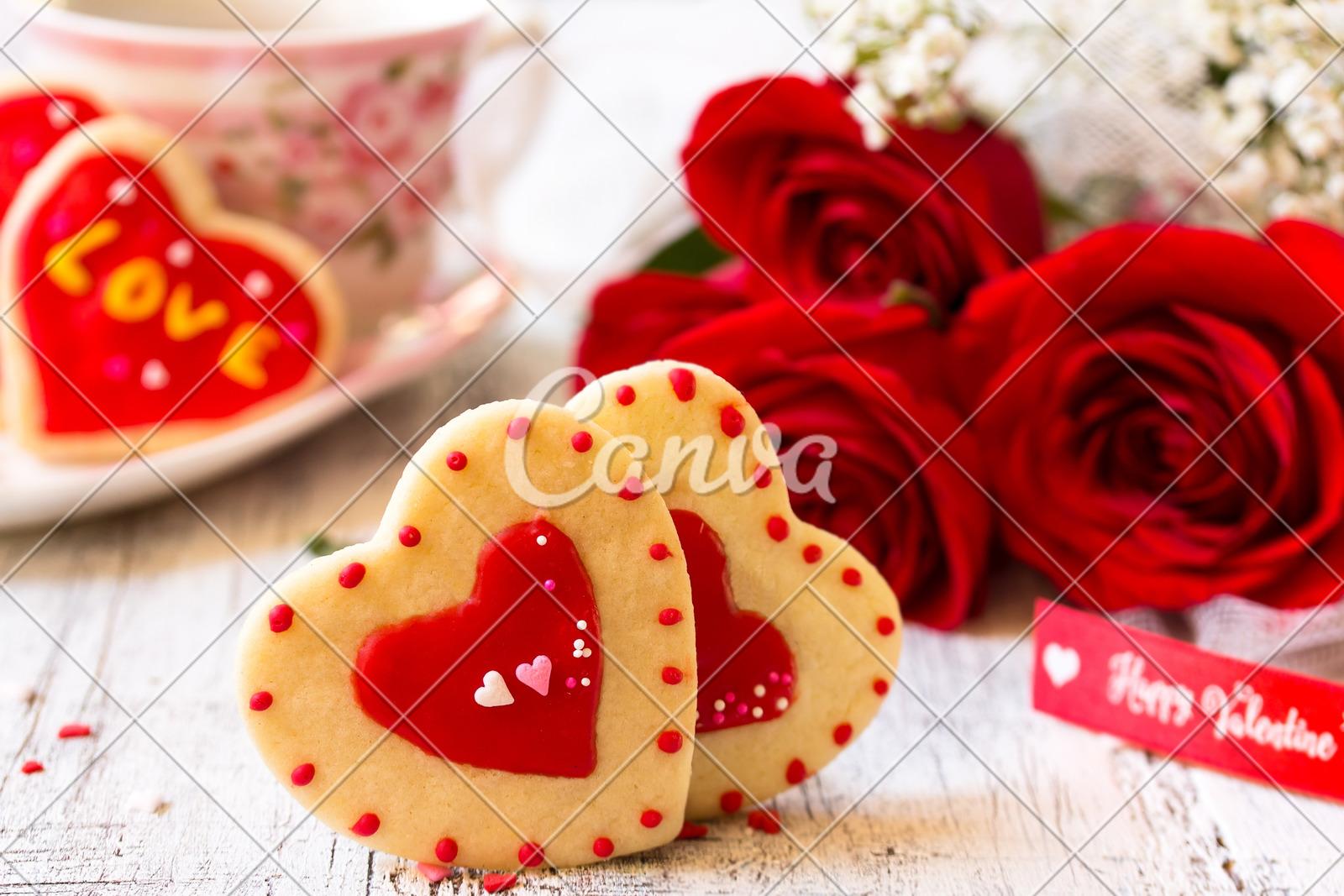 Homemade Valentines Day Heart Cookies Red Roses on White Rustic