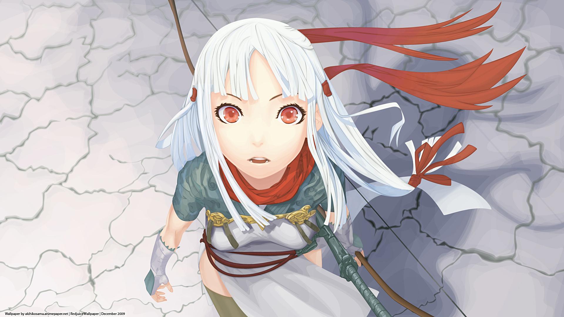 bow (weapon) katana red eyes redjuice sword weapon white hair