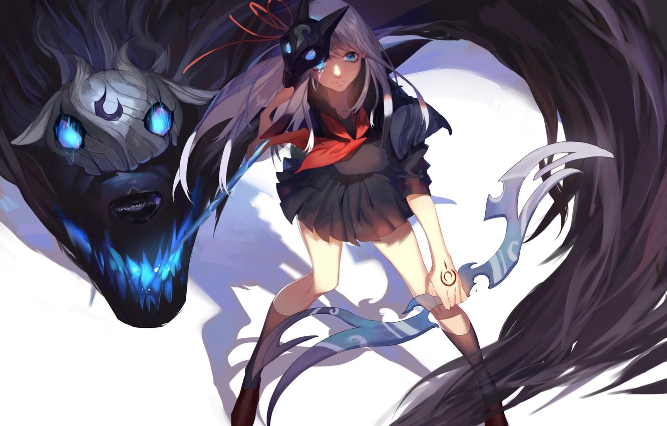 Wallpaper girl, weapons, magic, monster, anime, mask, art, league