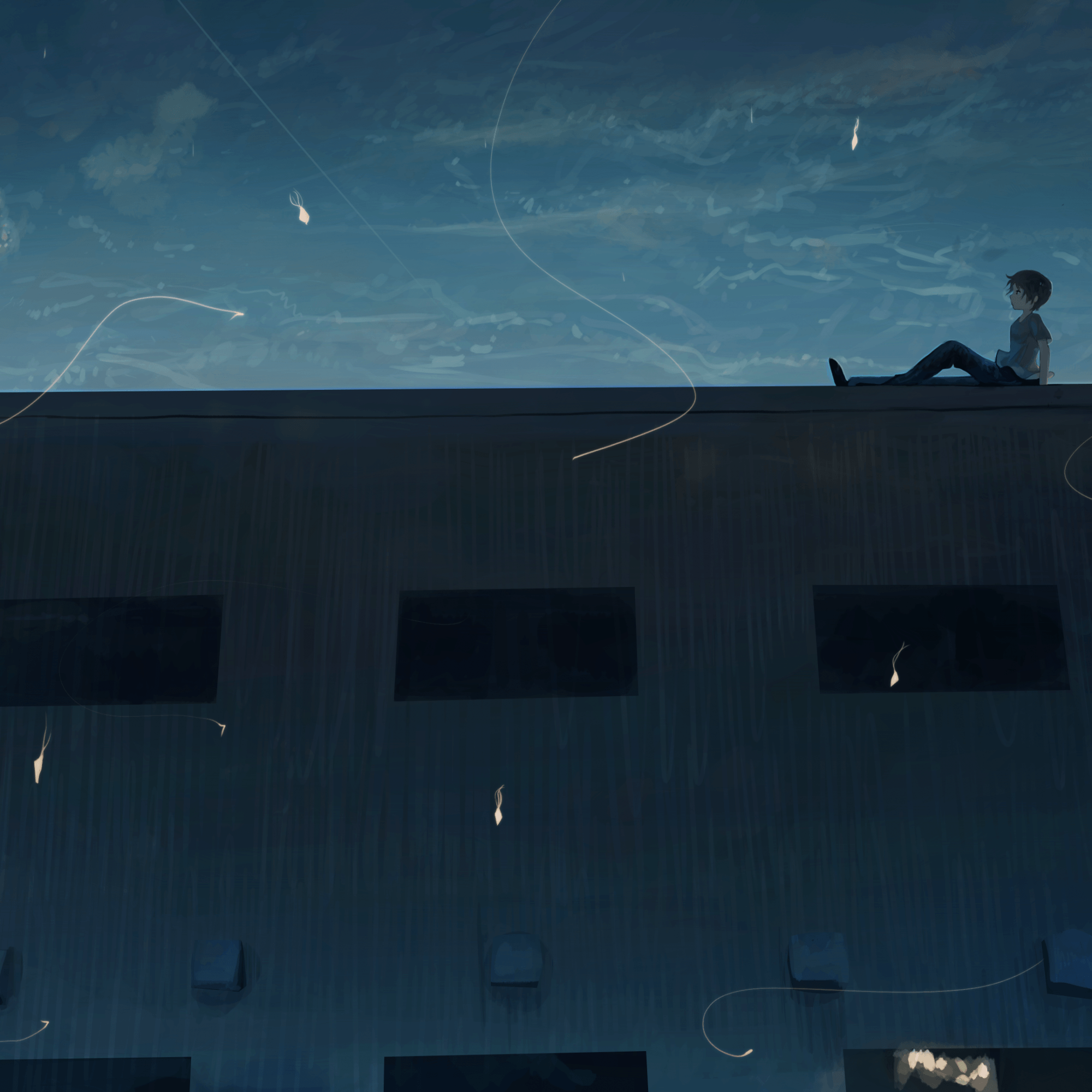 Download 2000x2000 Anime Boy, Rooftop, Building, Stars, Scenic