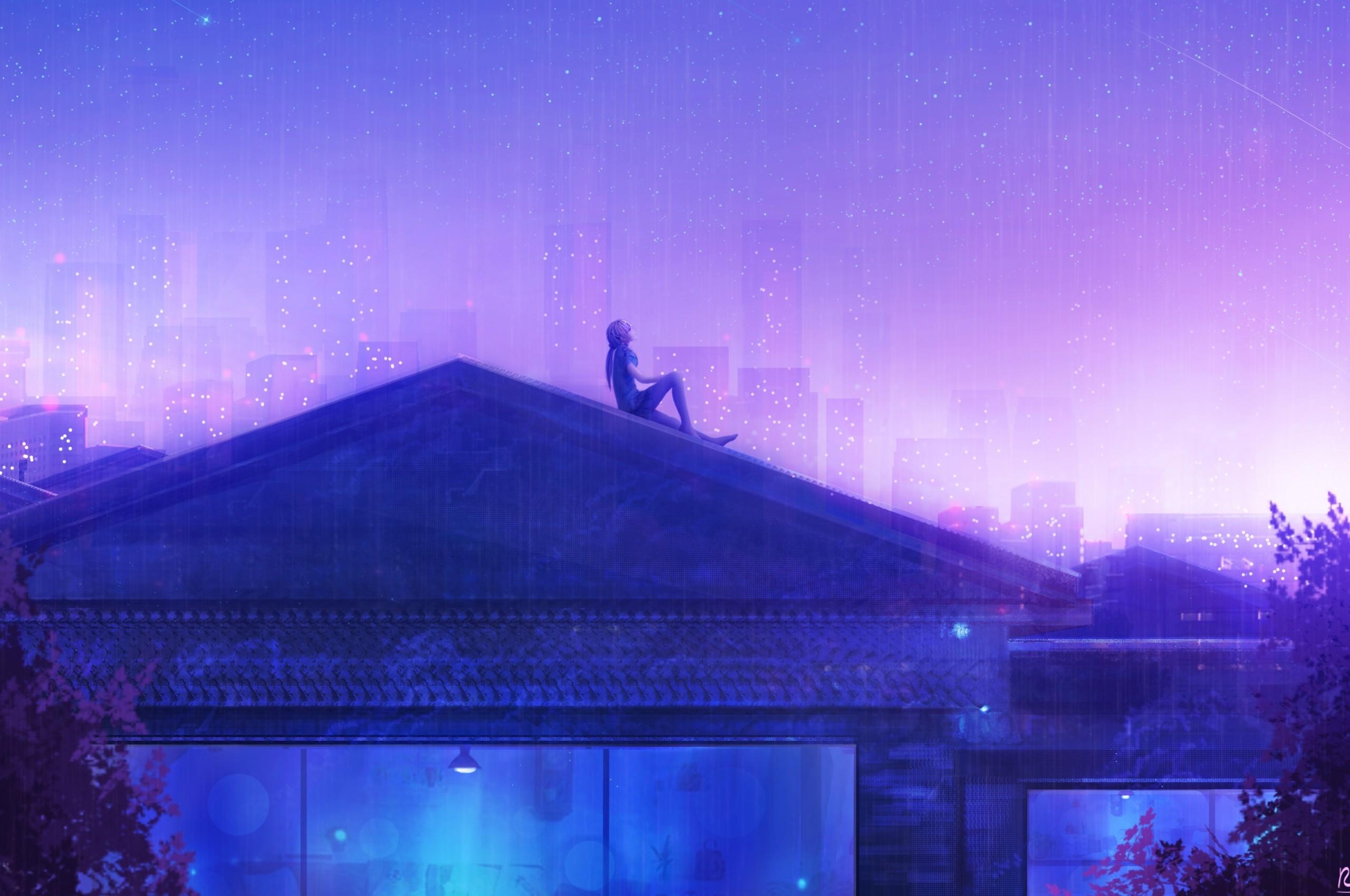 Download 2560x1700 Anime Girl, Rooftop, Stars, Raining, Buildings