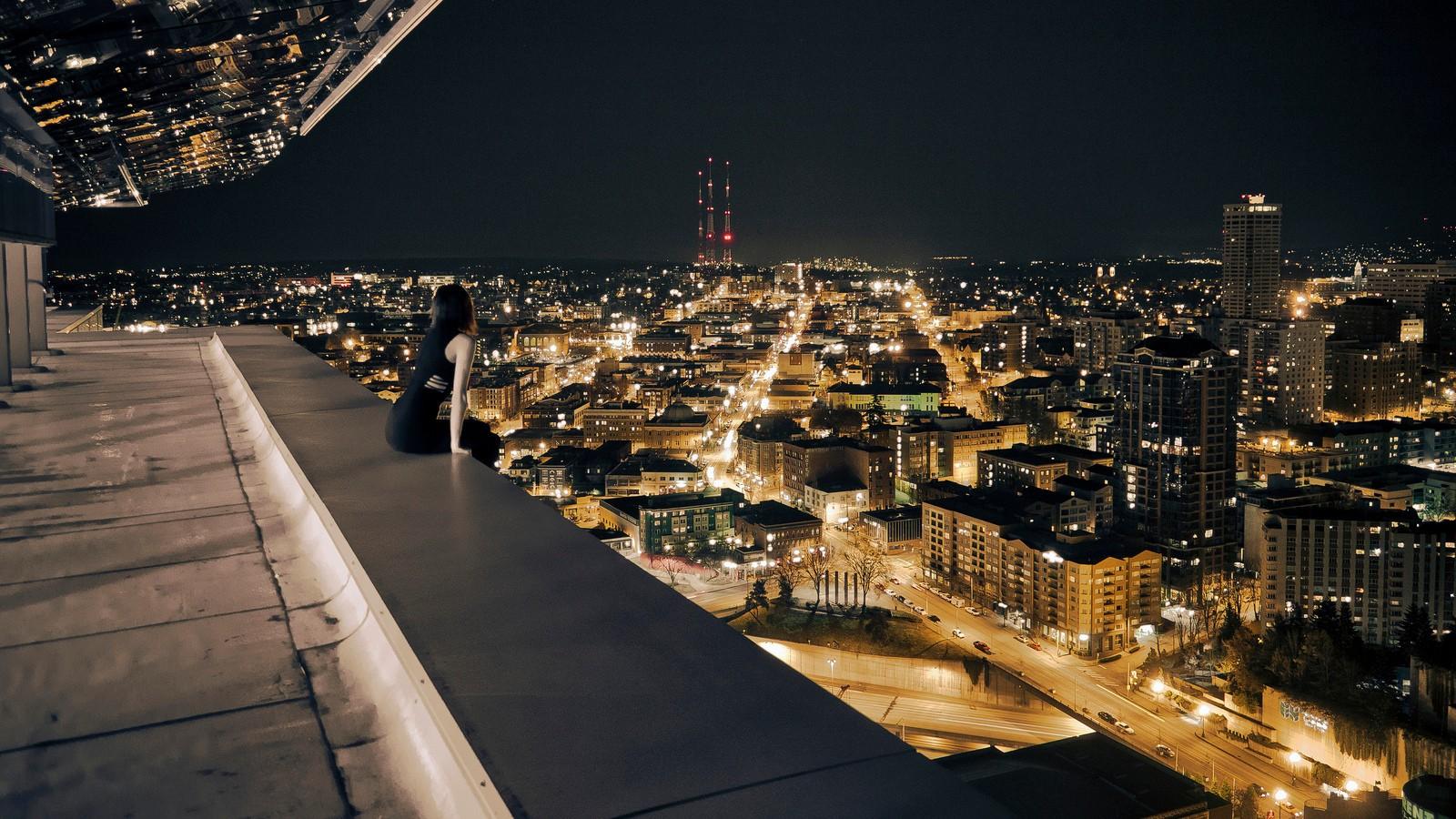 rooftops, Cityscape, Women, Sitting, Road, Night Wallpaper HD