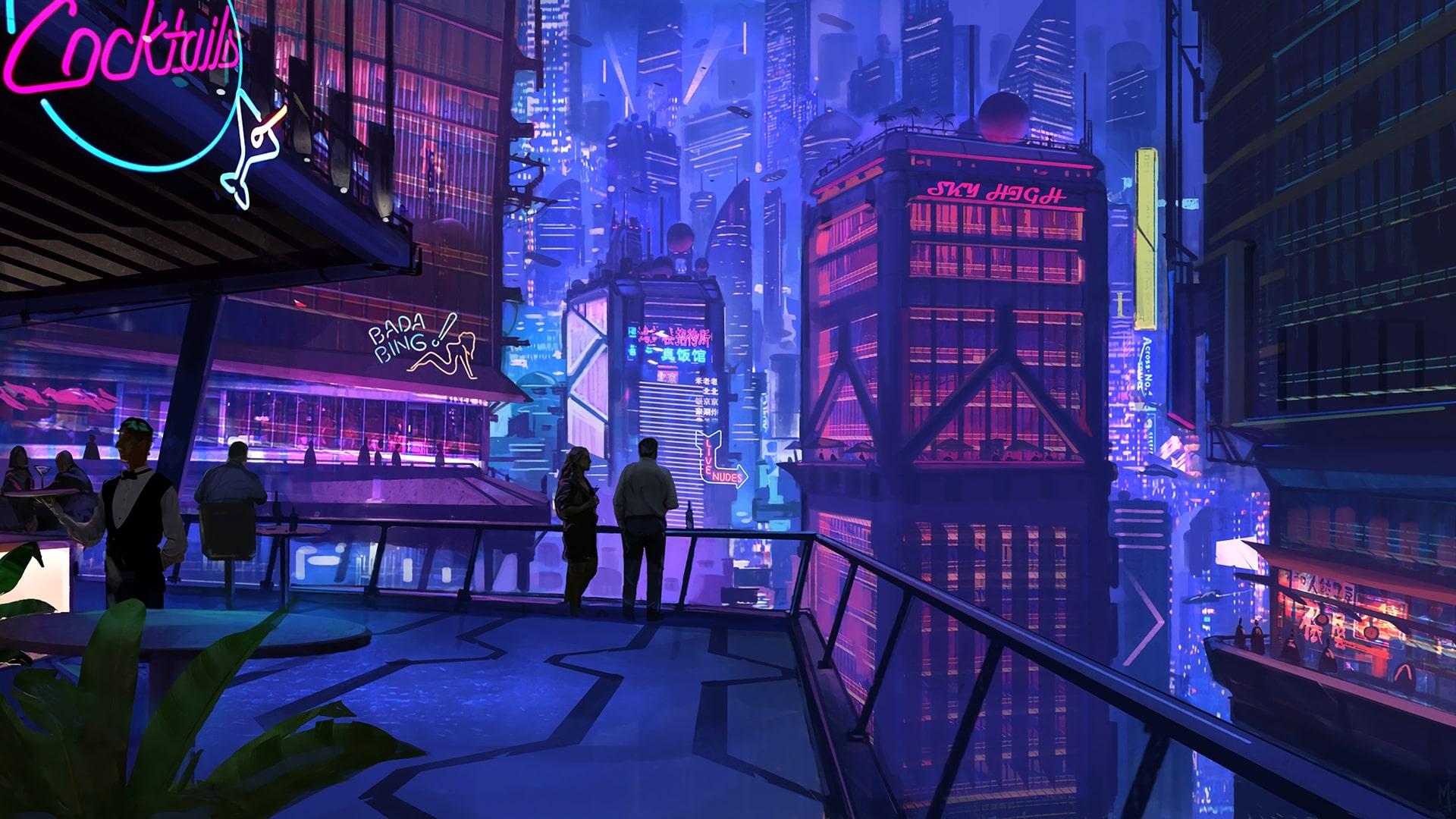 City, Cyberpunk, Night, Rooftop wallpaper