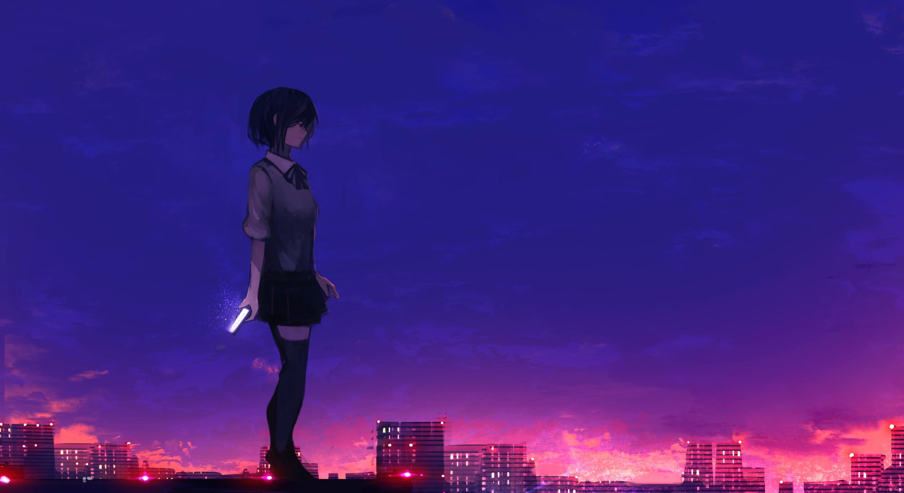 Wallpaper Anime Girl, Rooftop, Buildings, Sunset, School Uniform
