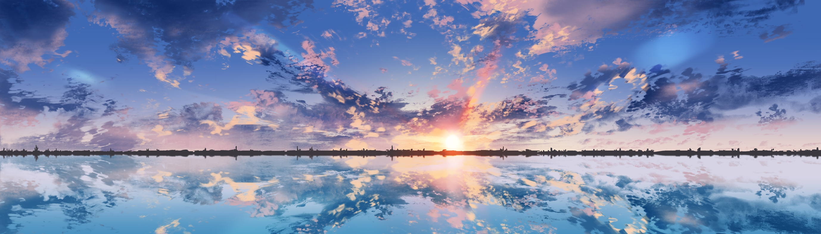 Anime Scenic, Clouds, Sunset, Reflection, Dual Monitor