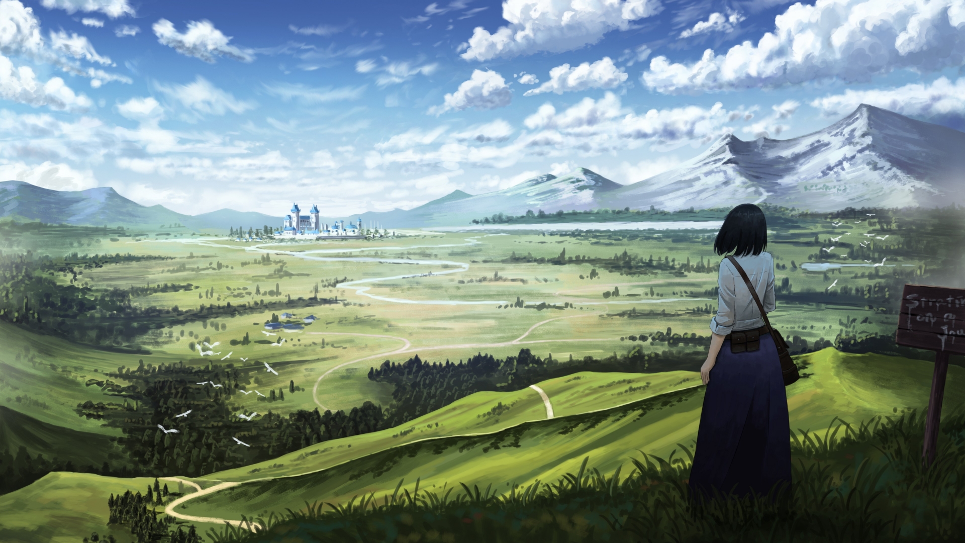 Download anime, girl, castle, 4K HD 1080p wallpaper