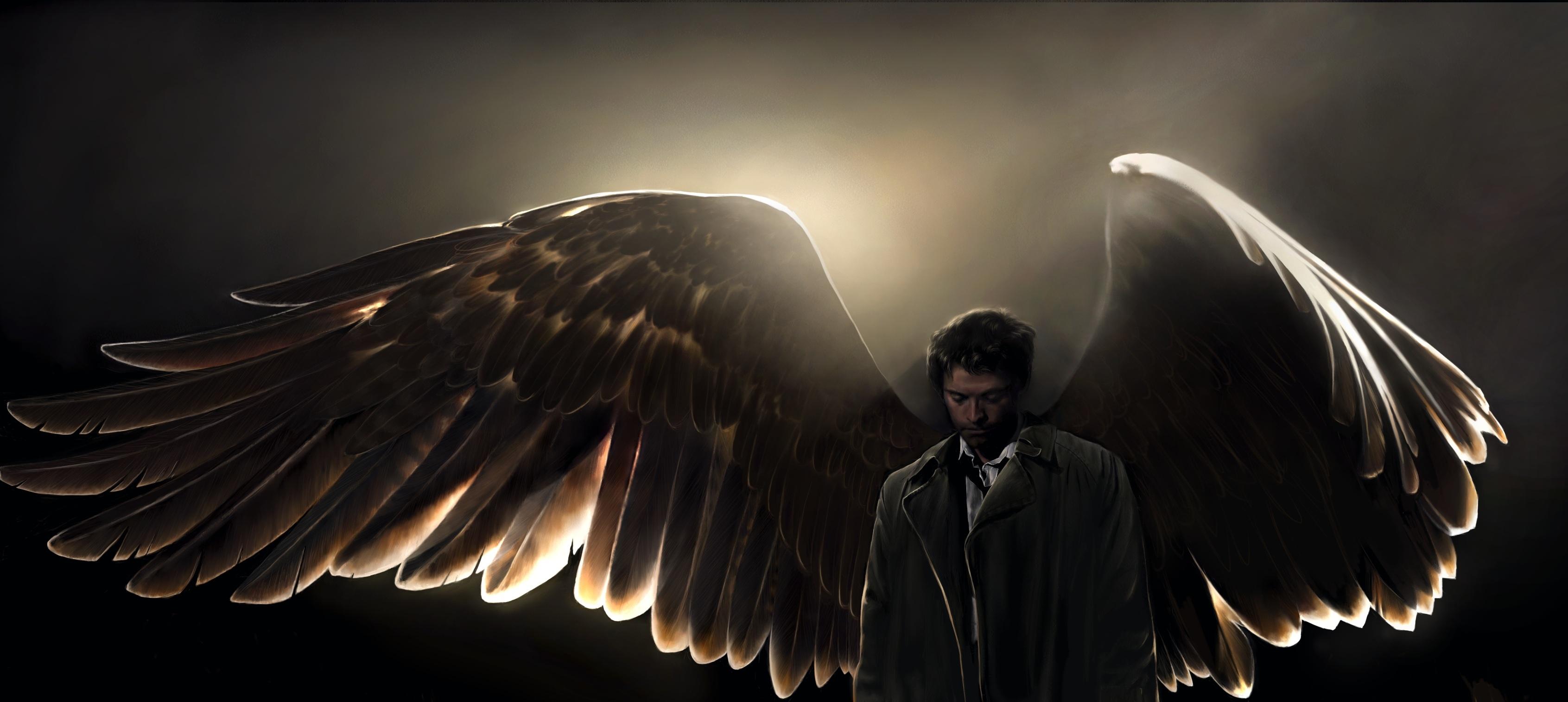 Wallpaper Supernatural Man Wings Castiel angel Movies 3383x1516