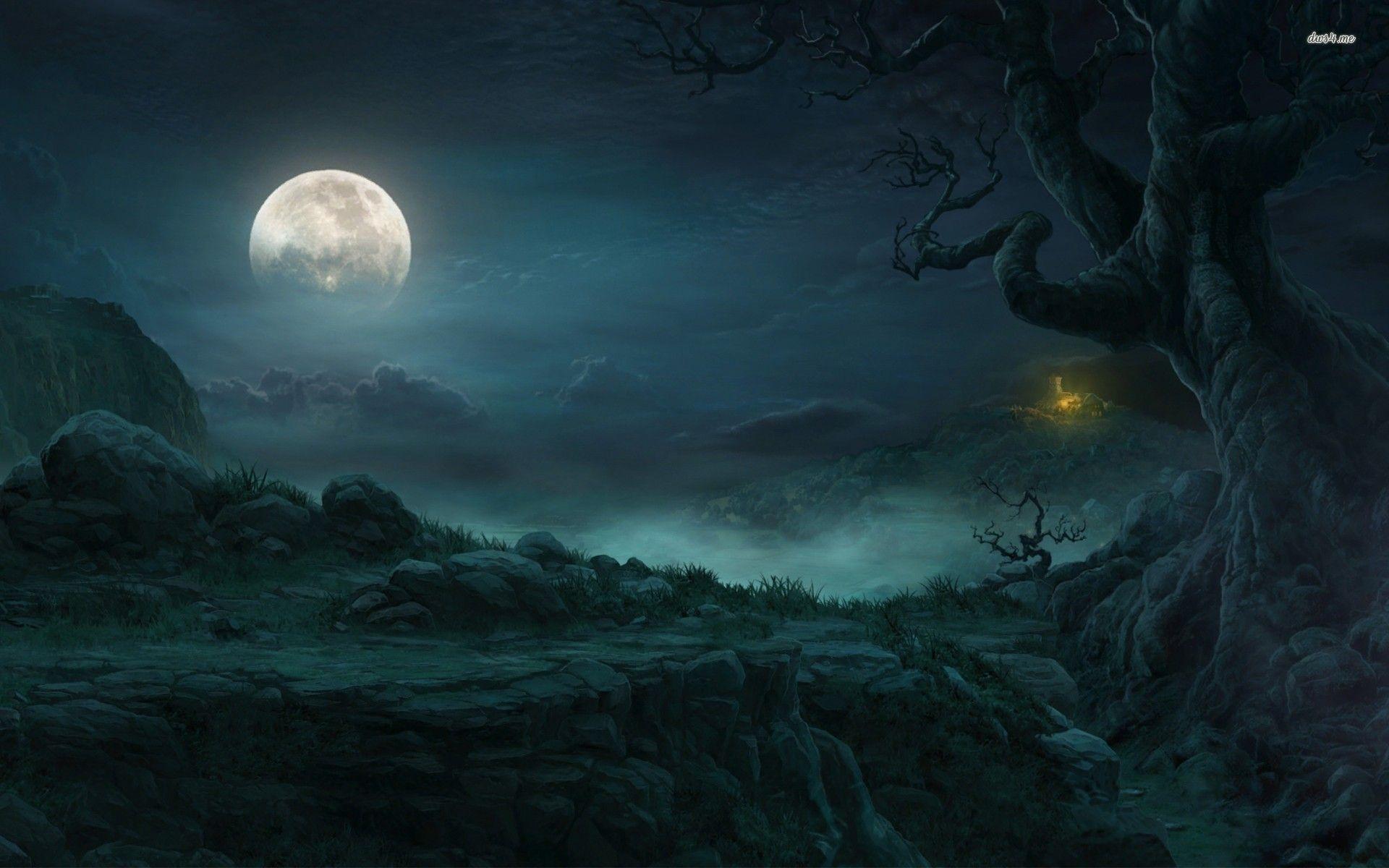 Dark fantasy forest. Full Moon In The Forest Fantasy Wallpaper