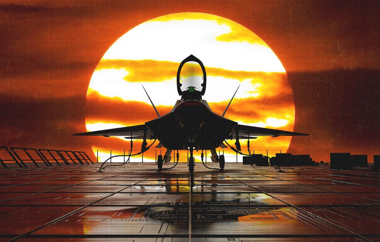Wallpaper Sunset, The sun, The plane, Fighter, F- Raptor