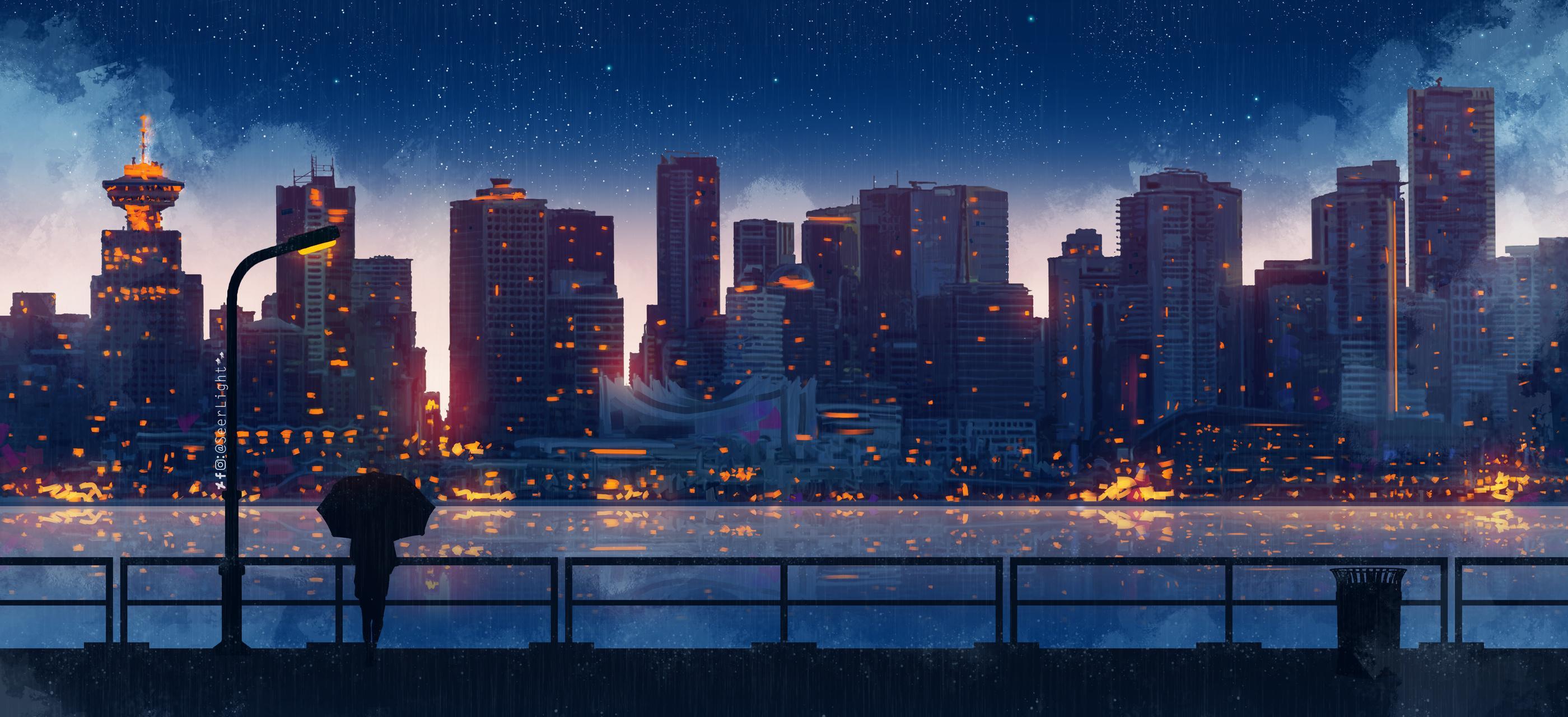 Anime City Lights Night Rain Umbrella Sky 5k 2800x1280