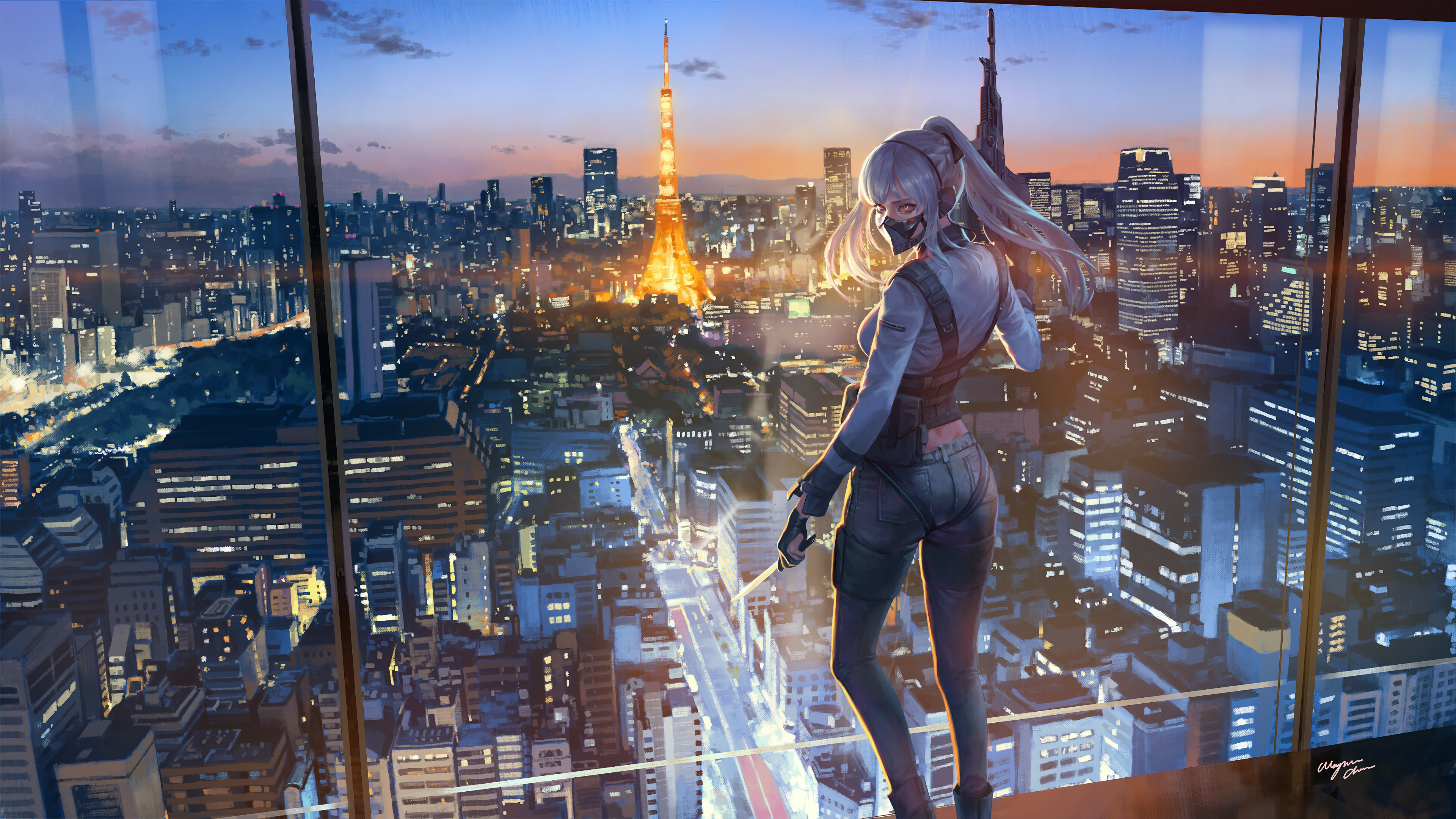 Anime Girl Mask City Buildings 4K Wallpaper