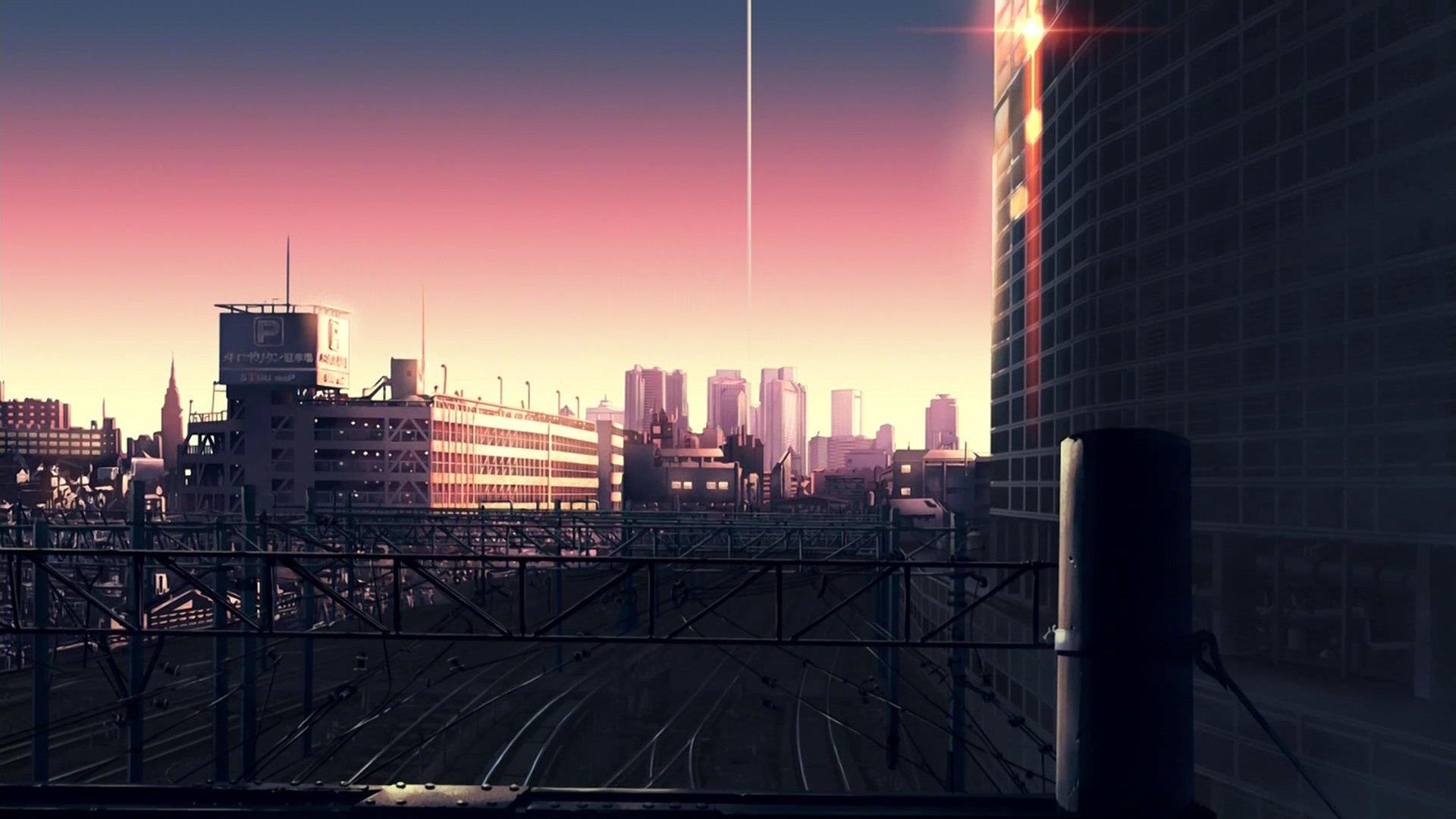 Sunset cityscapes architecture buildings railroad tracks anime
