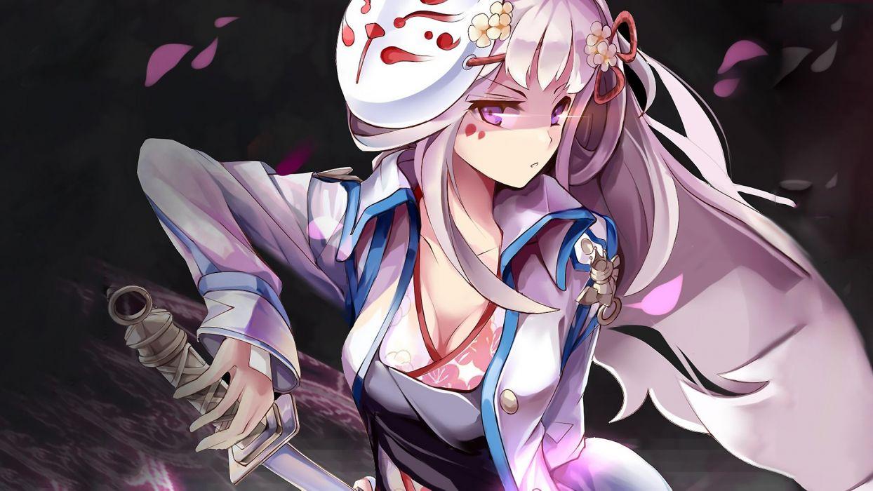 Anime girl with blonde hair purple eyes with mask kimono and sword