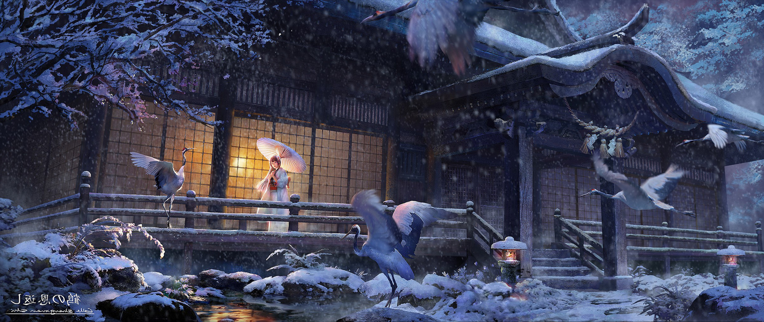 ultra wide, Japan, Anime girls, Birds, Animals Wallpaper HD