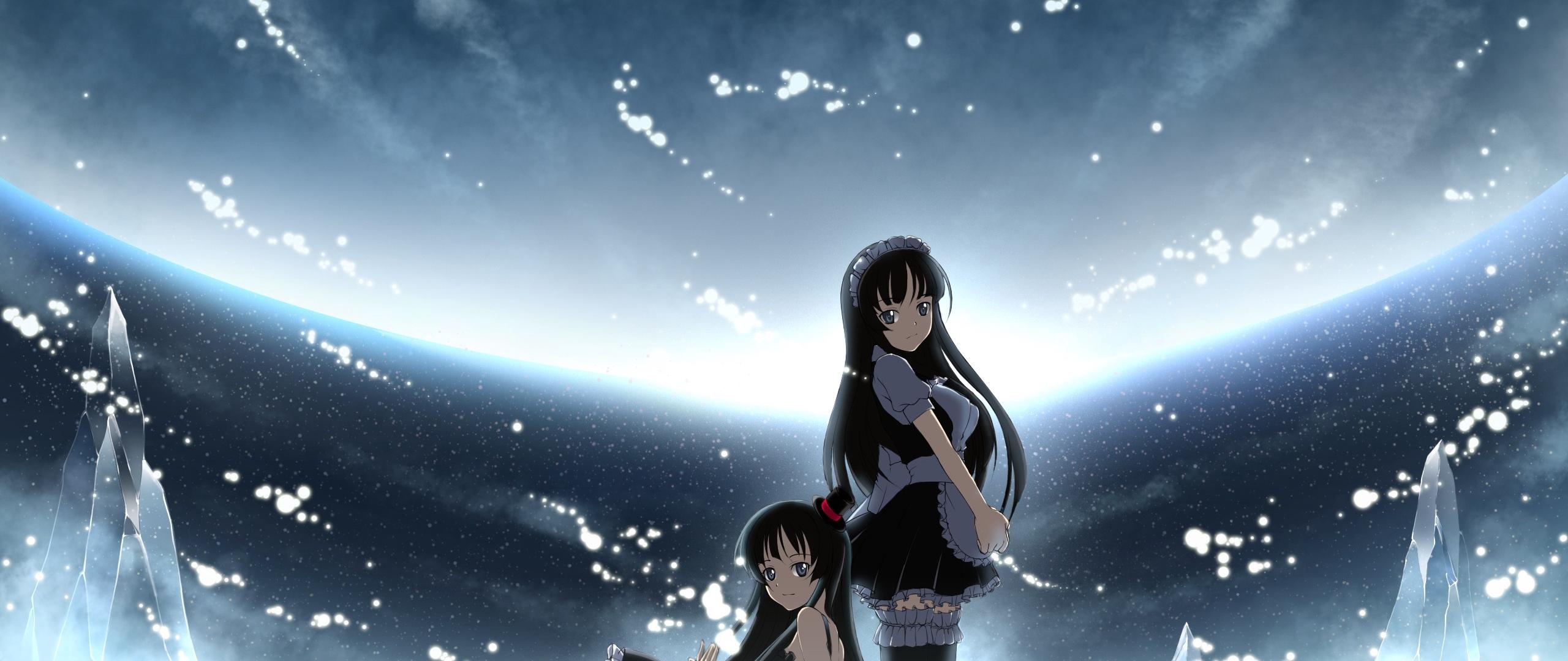 Download wallpaper 2560x1080 anime, brunette, ice, snow, space