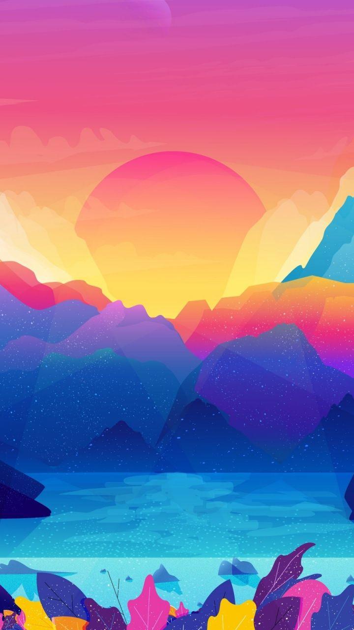 Sun, mountains, gradient, colorful, art, 720x1280 wallpaper