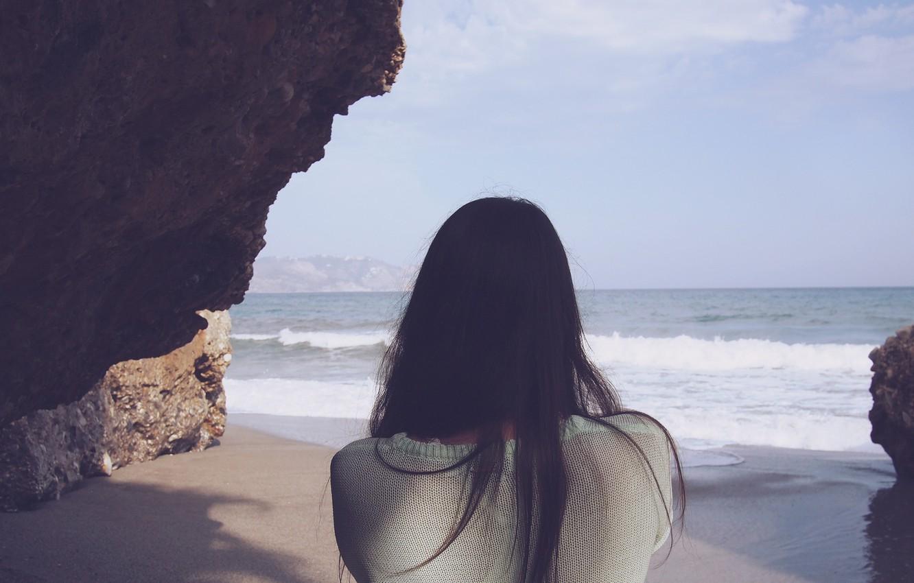 Wallpaper Girl, waves, beach, sand, hair, brunette image
