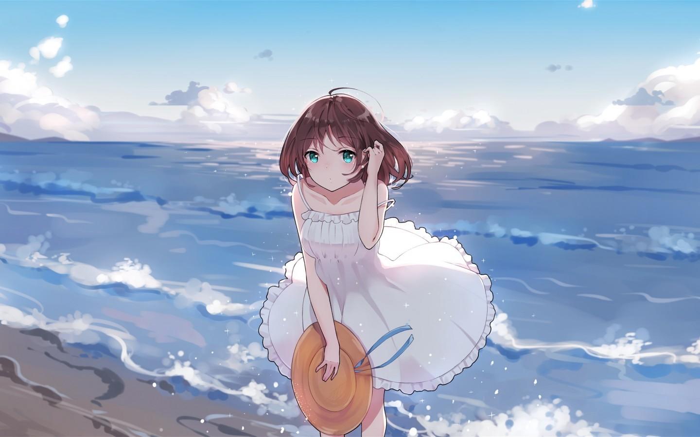 Download 1440x900 Summer Dress, Anime Girl, Ocean, Waves, Beach
