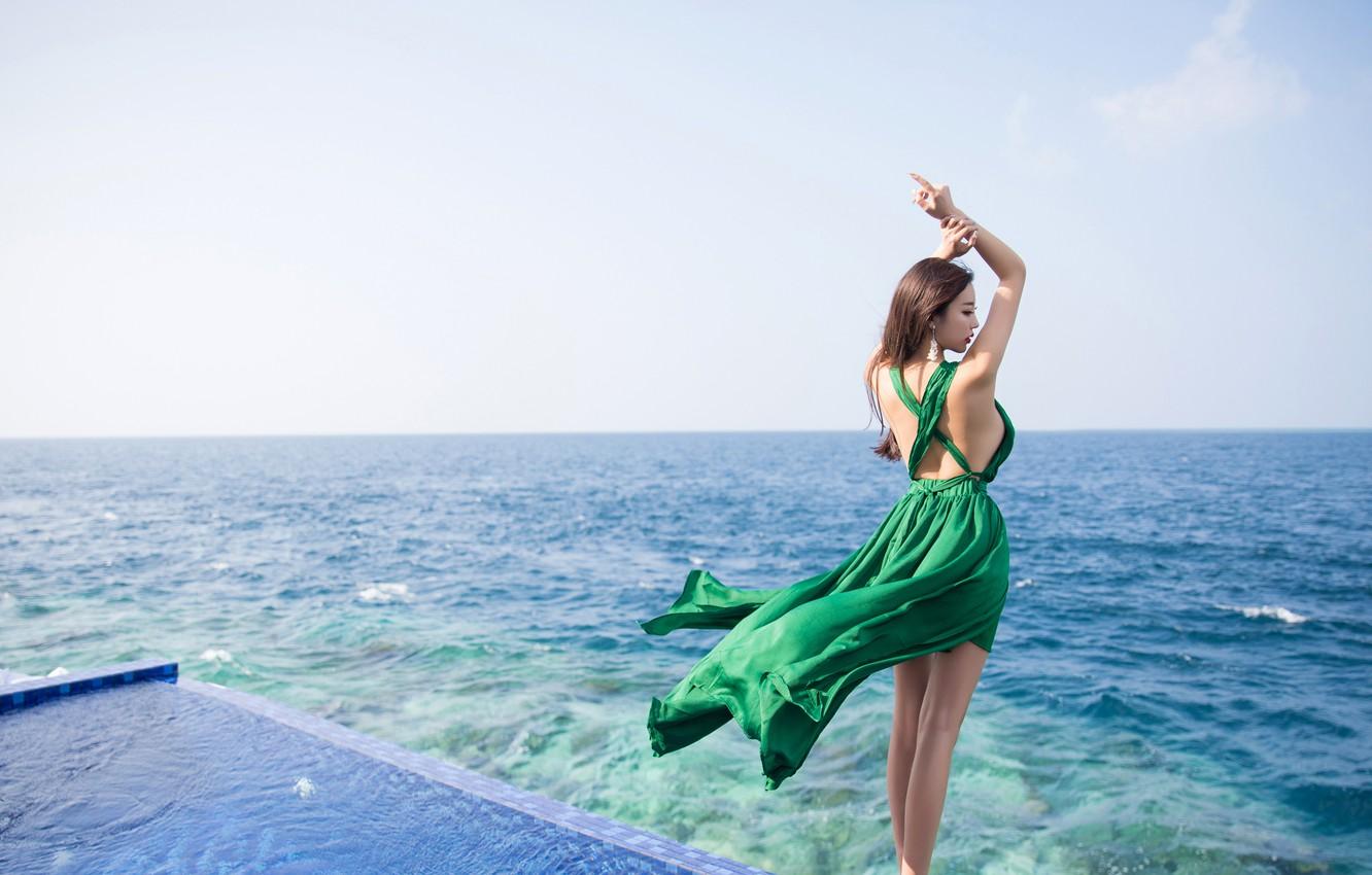 Wallpaper waves, girl, long hair, dress, legs, sea, brown hair