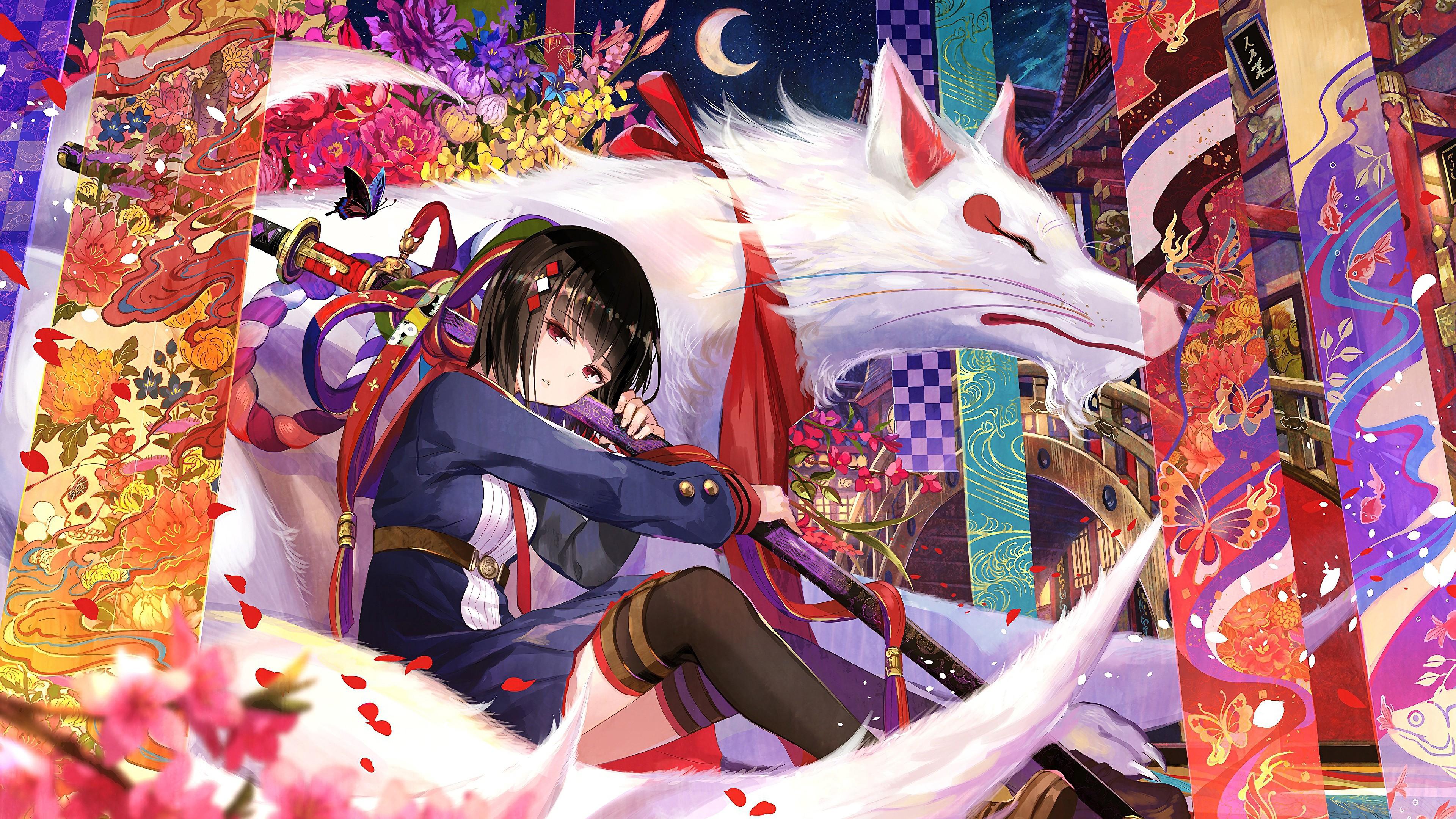 Samurai Anime Girl Katana White Wolf 4K Wallpaper