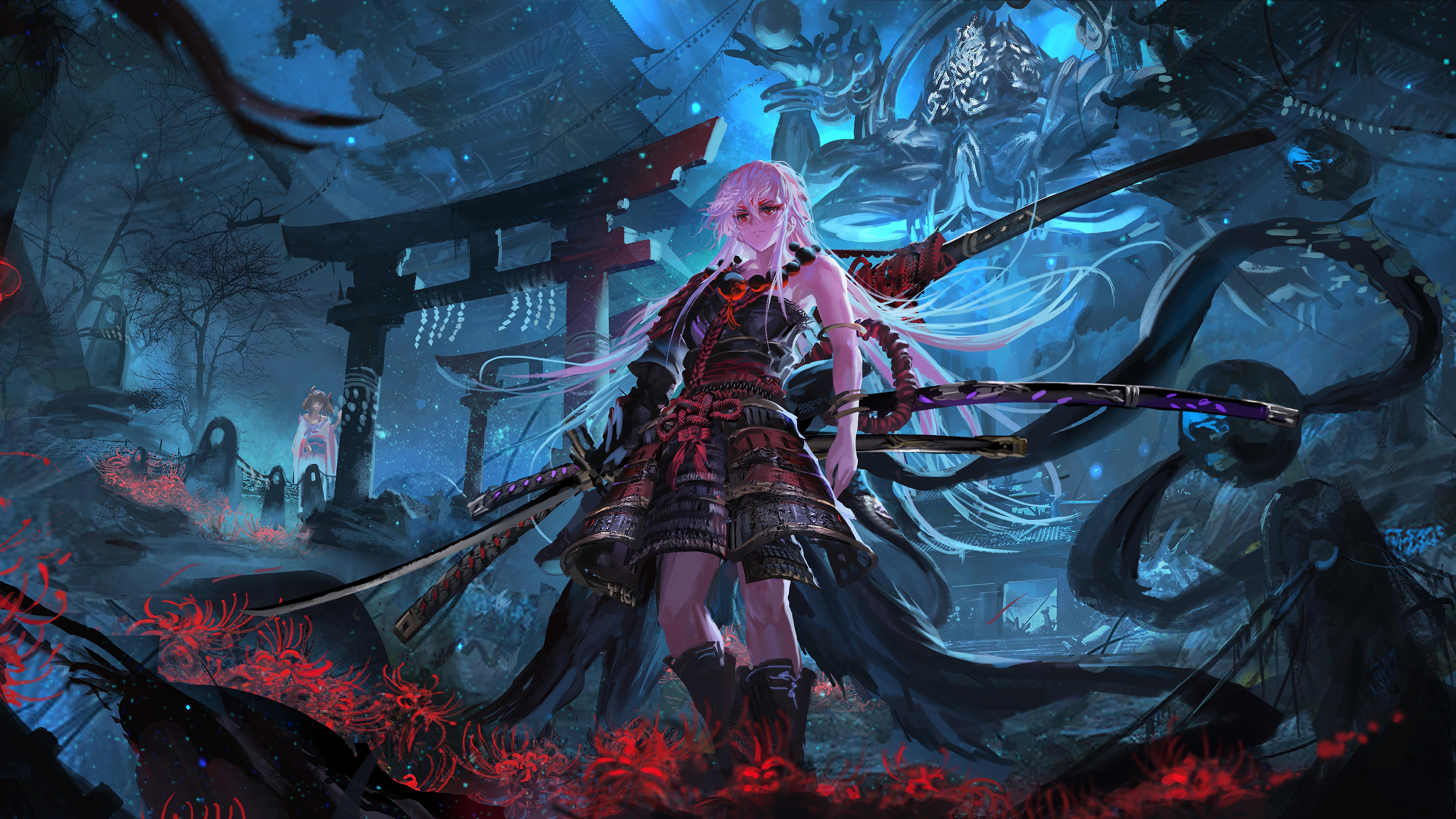 Anime Samurai Girl Katana Fantasy 8K Wallpaper