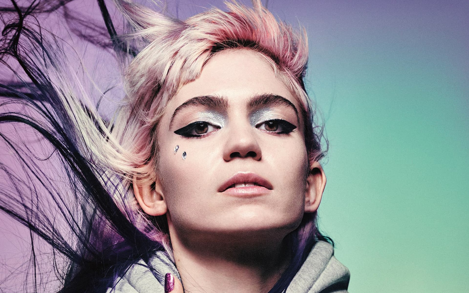 Grimes singer tattoo face closeup pink hair looking at viewer simple  background HD phone wallpaper  Peakpx