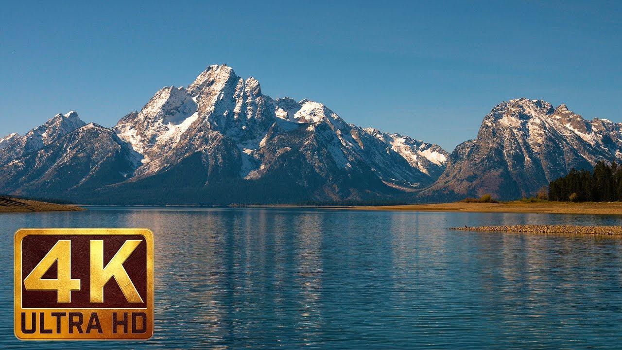 Jackson Lake Scenery in 4K. Peaceful Lake and Mountains Views