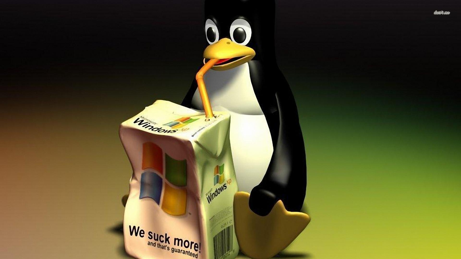 Tux drinking Windows juice box wallpaper wallpaper