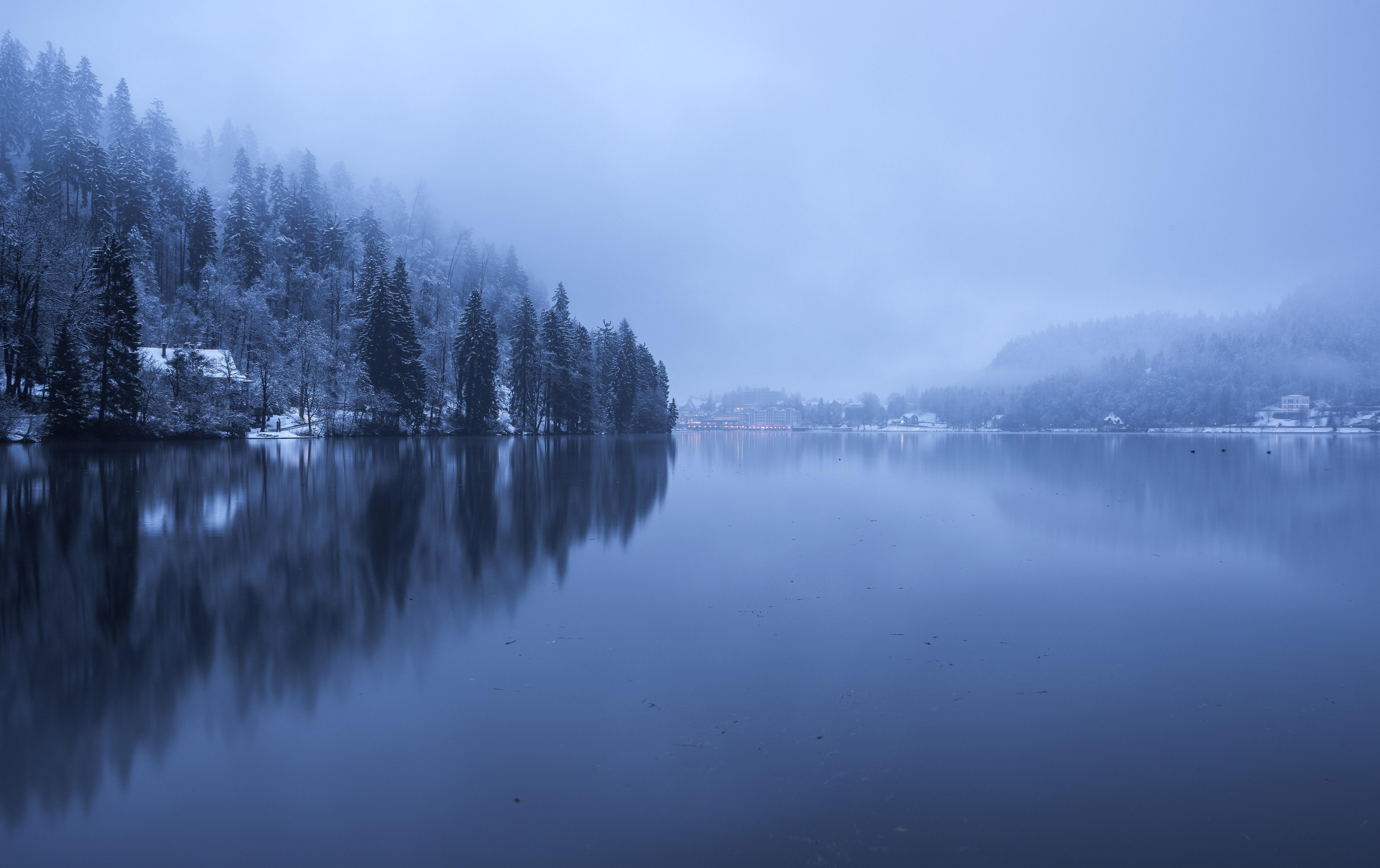 Dreamy Pixel. Lake Bled on a foggy and cloudy winter day