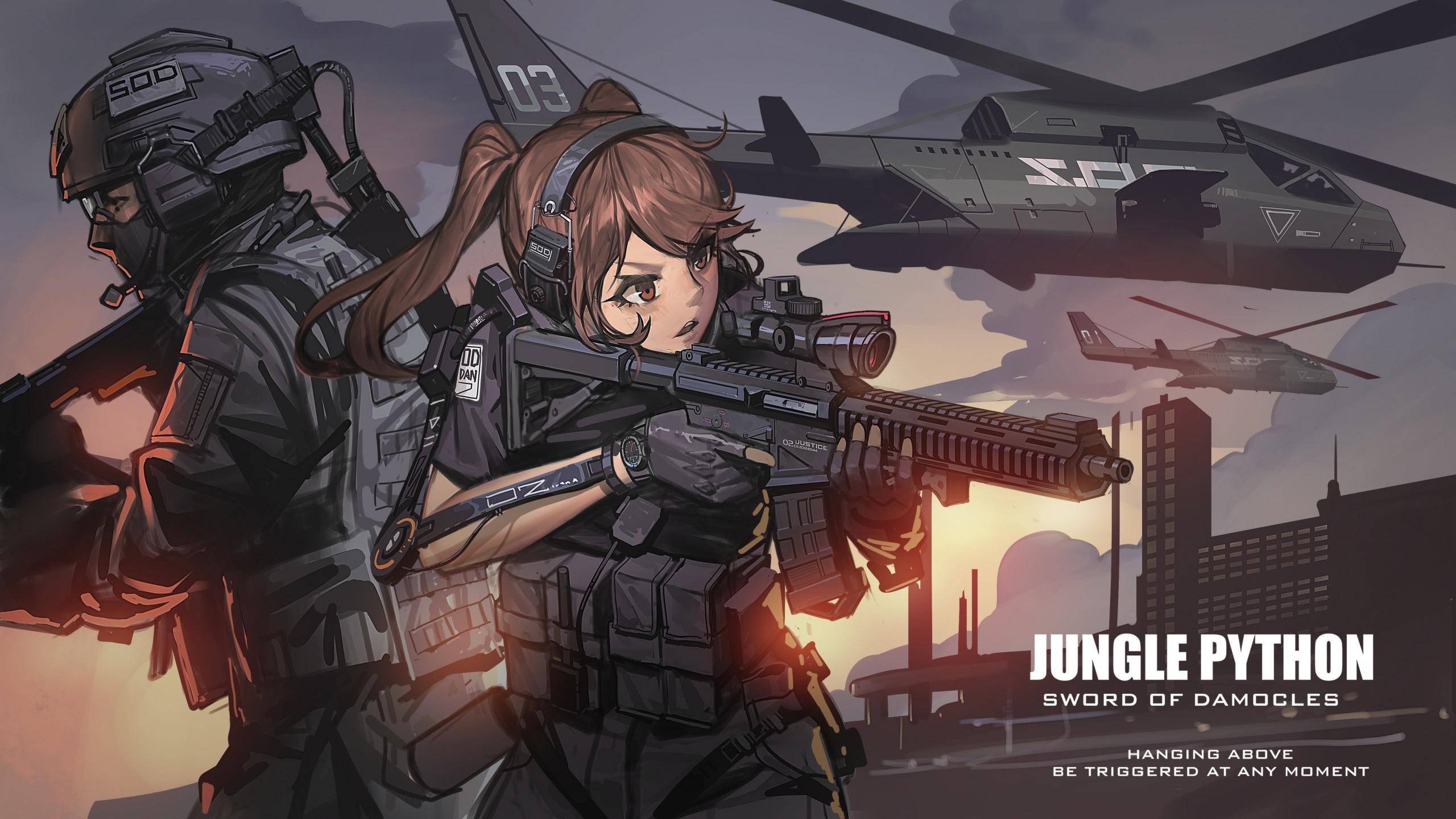 Download 2560x1440 Anime Military Girl, Combat Vehicle, Headphones