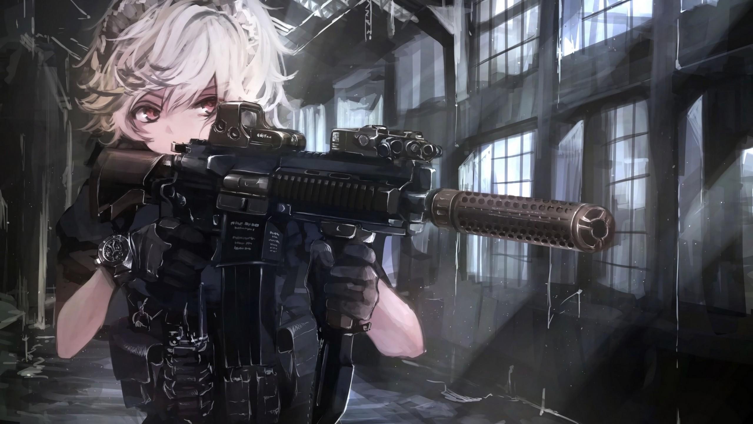 Download 2560x1440 Anime Military Girl, White Hair, Armor
