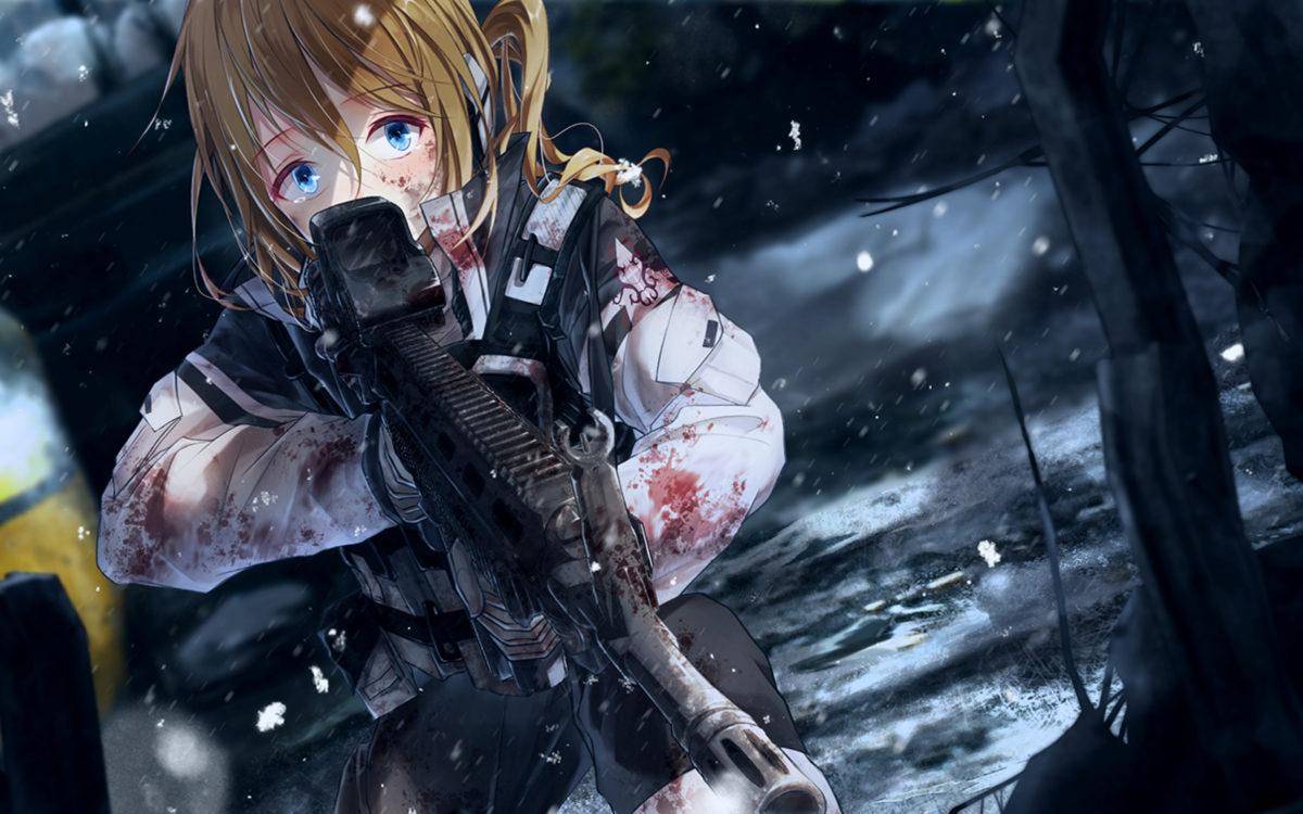 Anime Girl, Military, Scared Expression, Battlefield, Gun