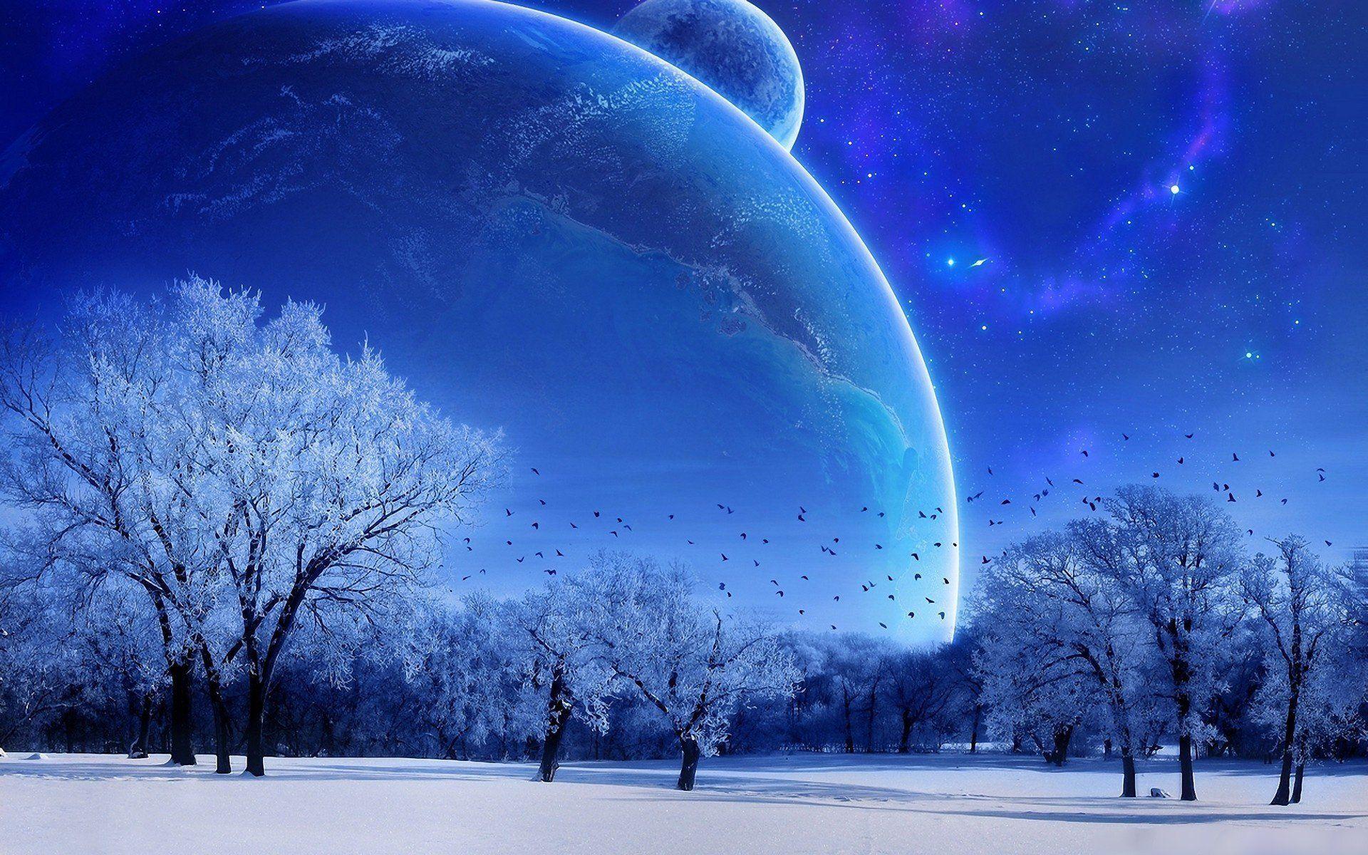 winter moon sky blue tree HD wallpaper. Planets wallpaper, Winter
