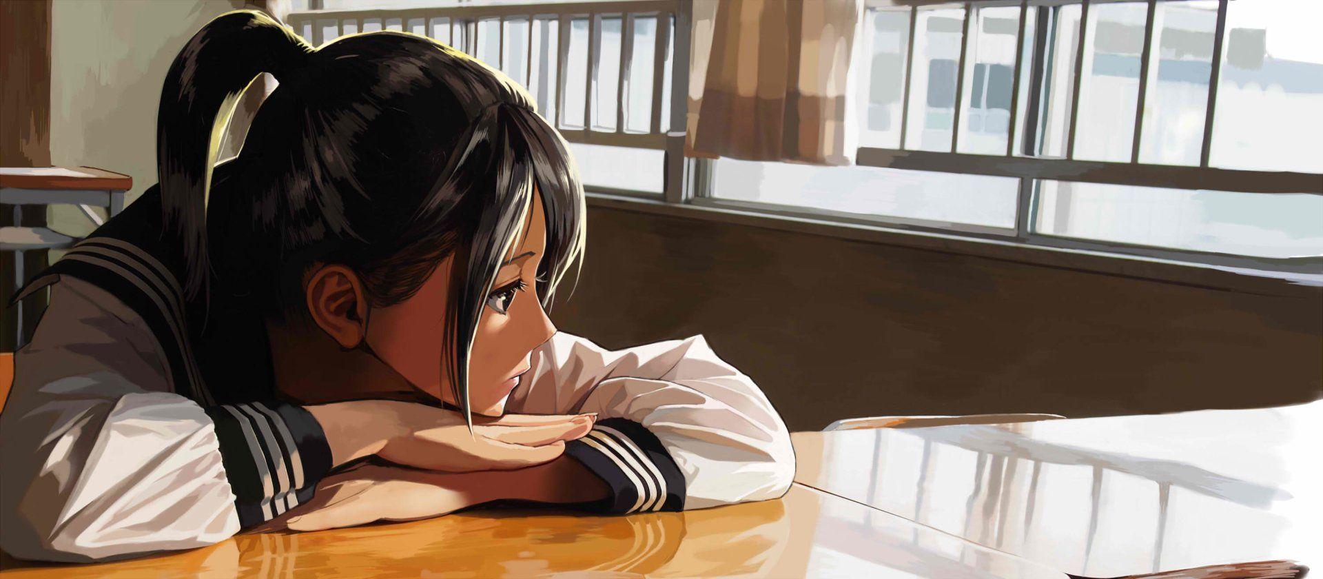 Anime Original Girl Ponytail Black Hair Short Hair School Uniform