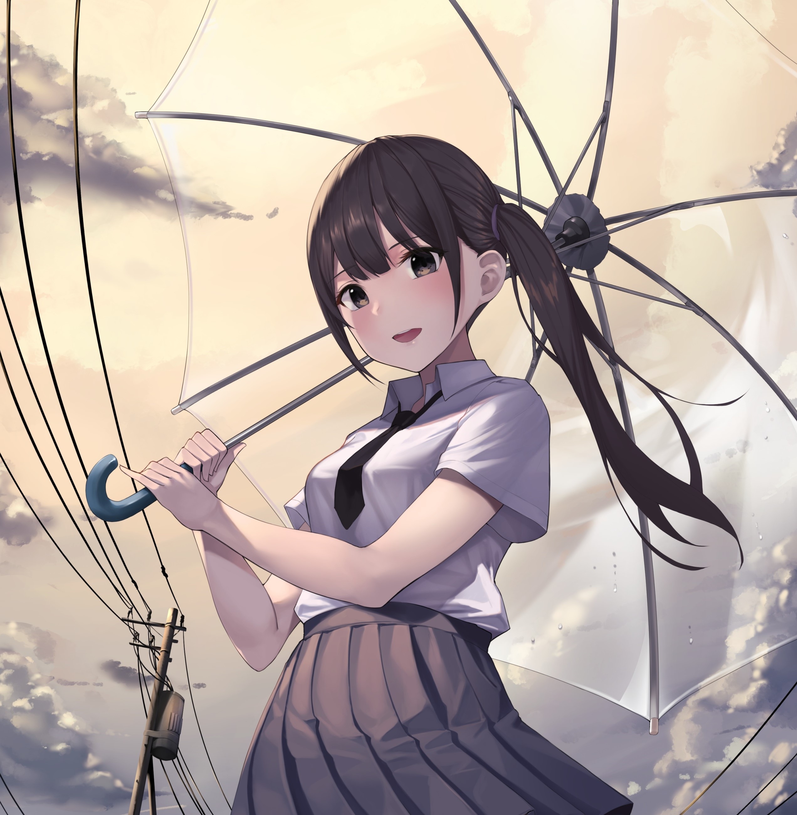 Download 2543x2598 Anime Girl, Transparent Umbrella, Brown Hair